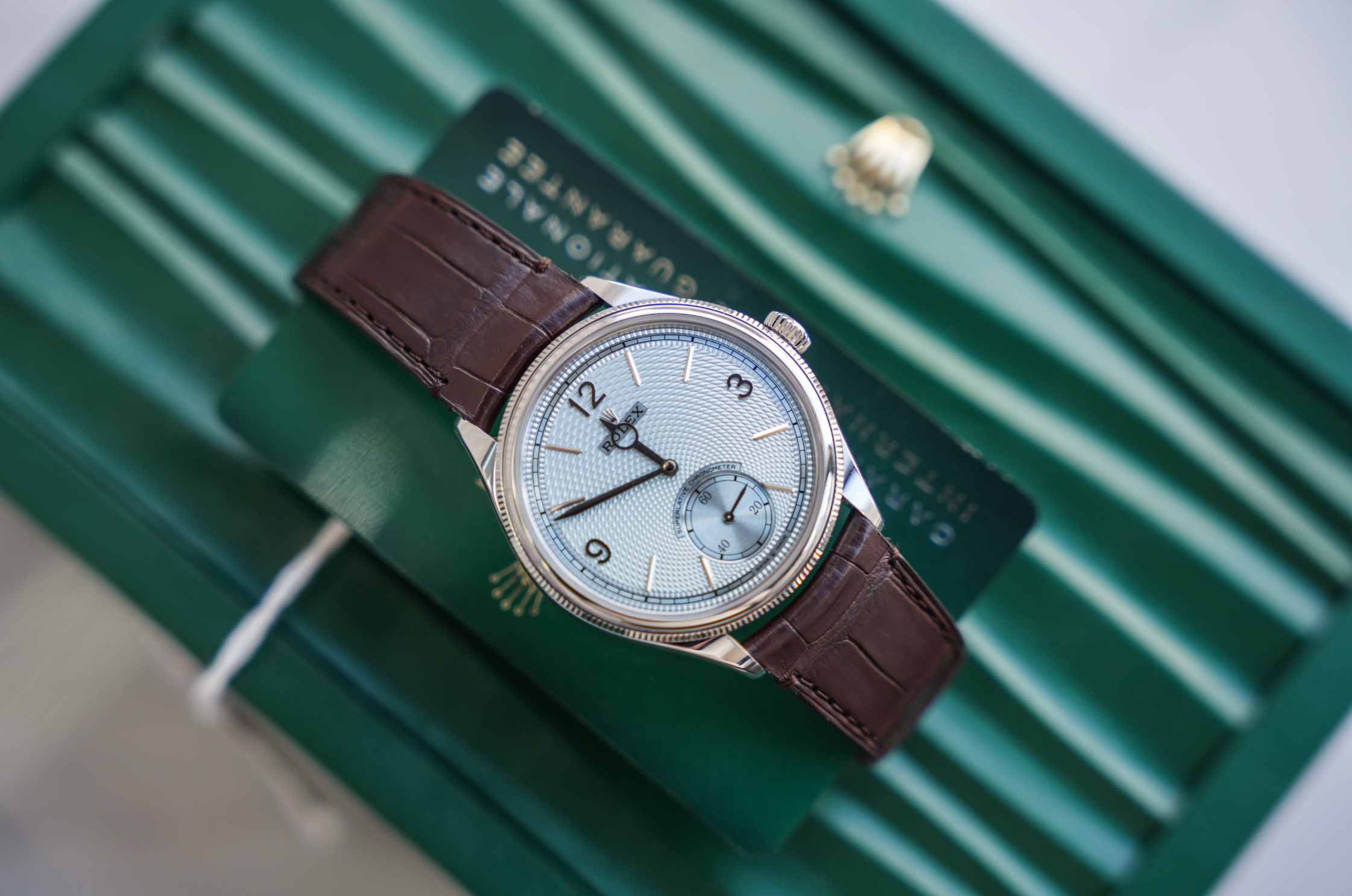 Rolex 1908 52506 Platinum 39mm Ice Blue Rice-Grain Dial Brown Alligator Strap