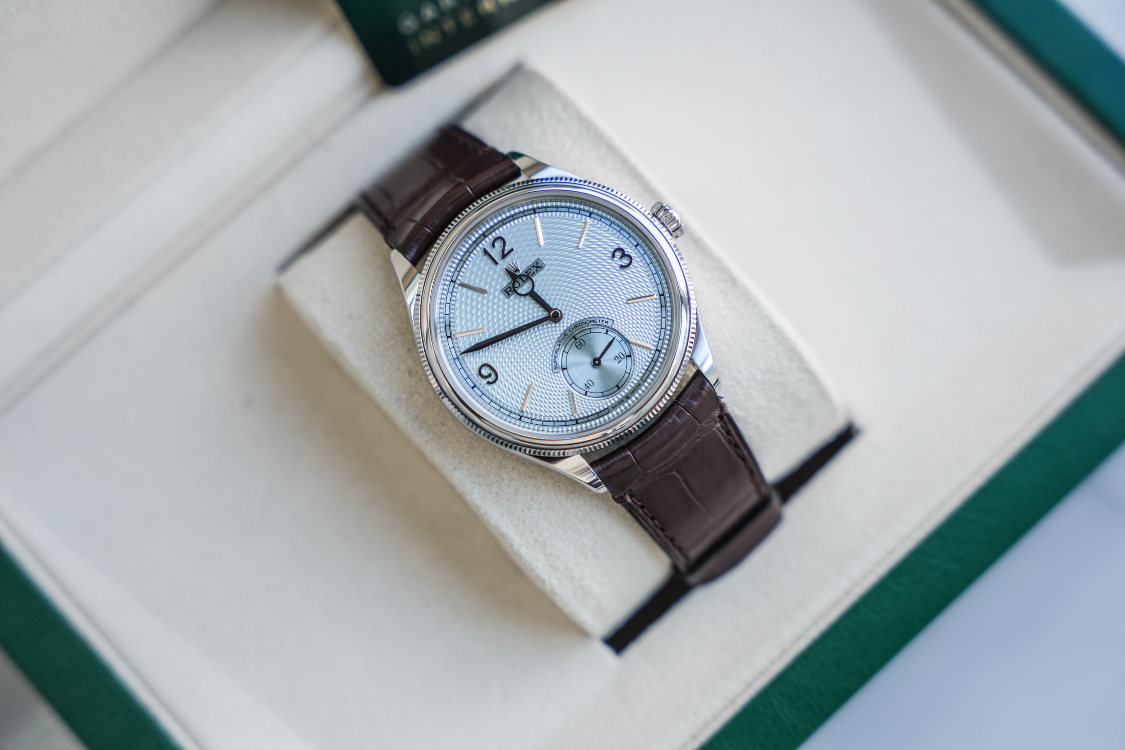 Rolex 1908 52506 Platinum 39mm Ice Blue Rice-Grain Dial Brown Alligator Strap