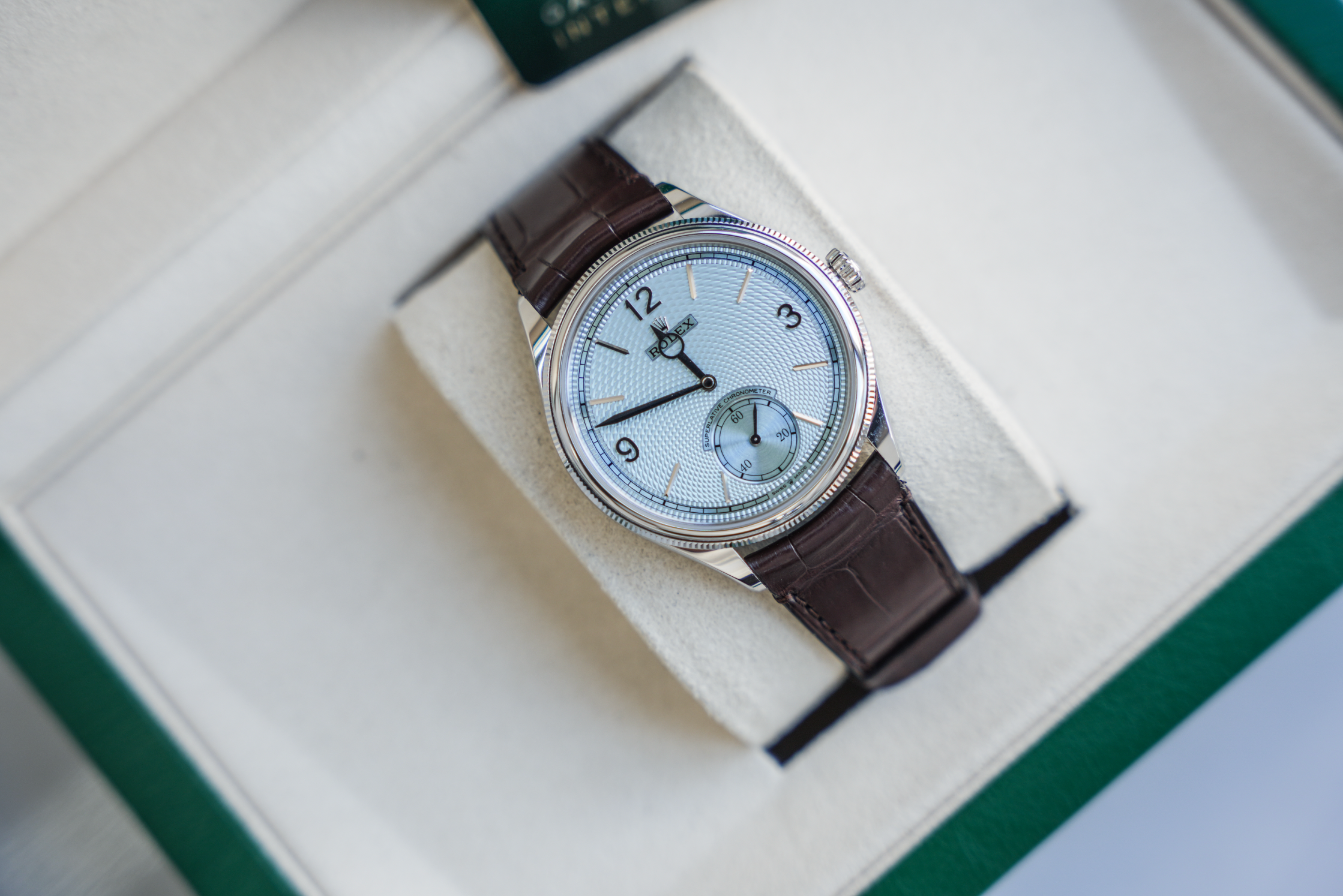 Rolex 1908 52506 Platinum 39mm Ice Blue Rice-Grain Dial Brown Alligator Strap