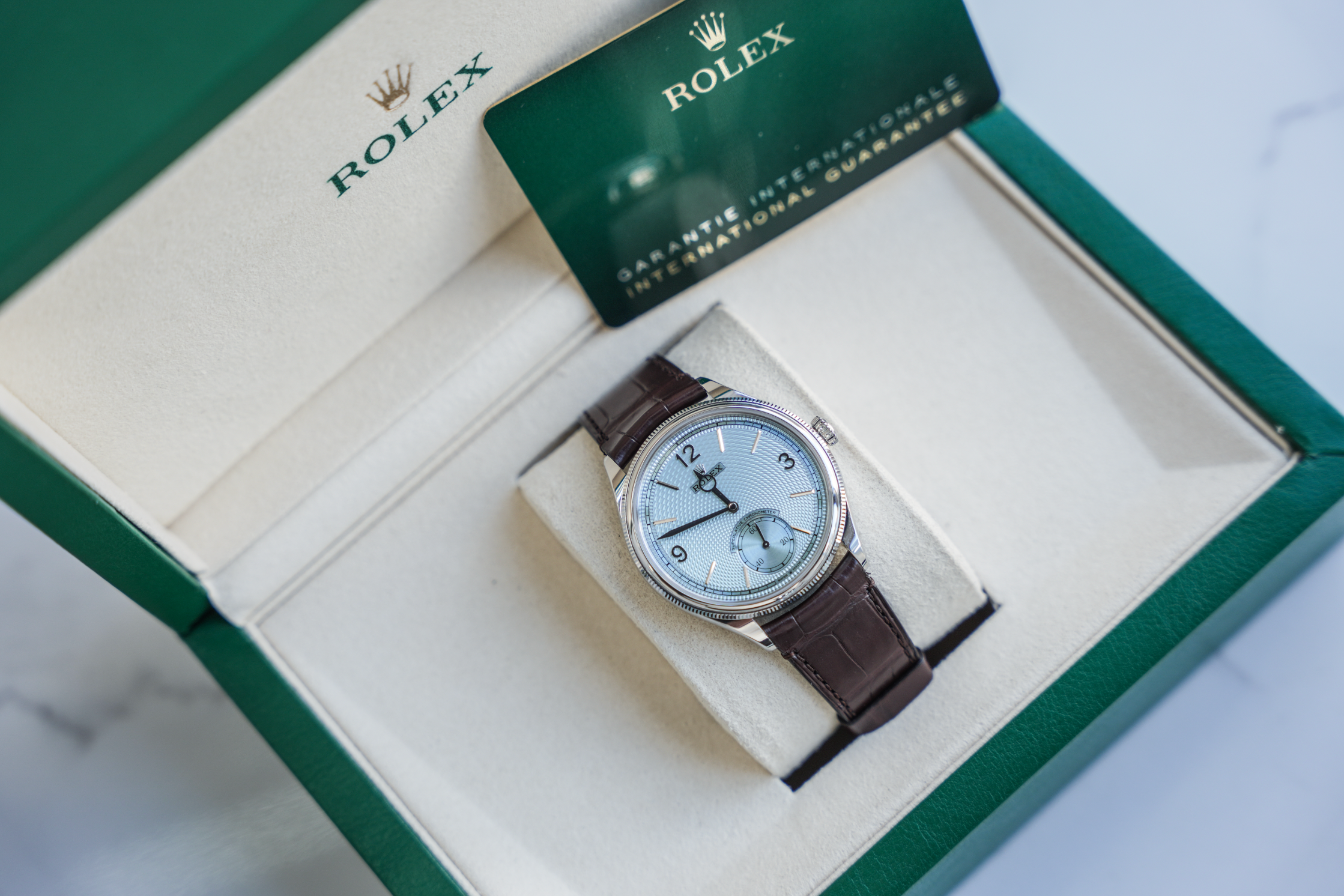 Rolex 1908 52506 Platinum 39mm Ice Blue Rice-Grain Dial Brown Alligator Strap