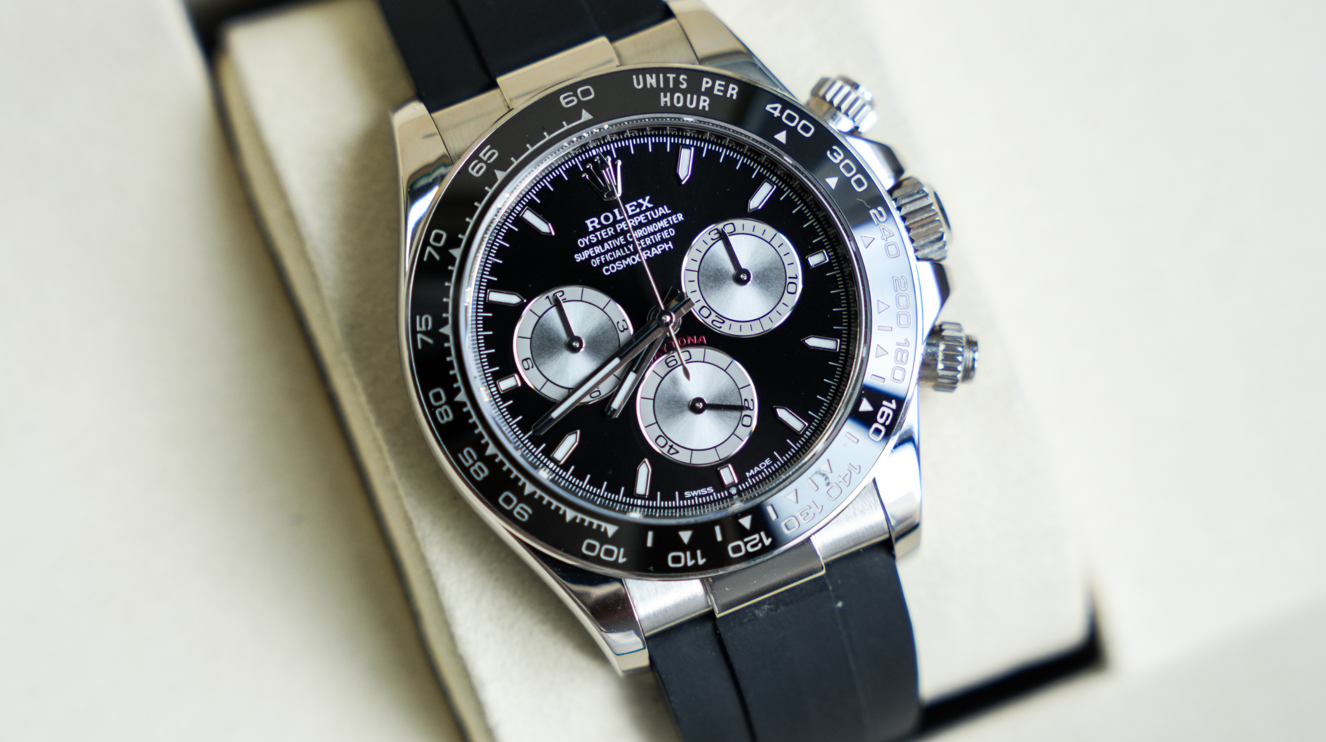 Rolex Cosmograph Daytona – 18k White Gold with Black Dial, Grey Subdials, and Oysterflex Bracelet Ref. 126519LN-0002