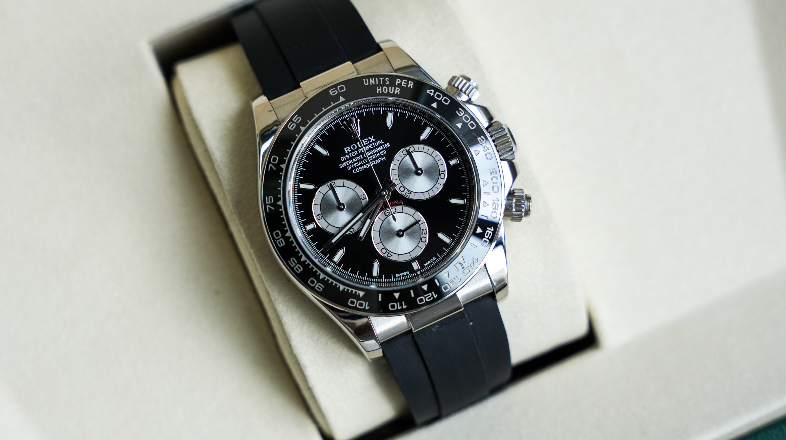 Rolex Cosmograph Daytona – 18k White Gold with Black Dial, Grey Subdials, and Oysterflex Bracelet Ref. 126519LN-0002