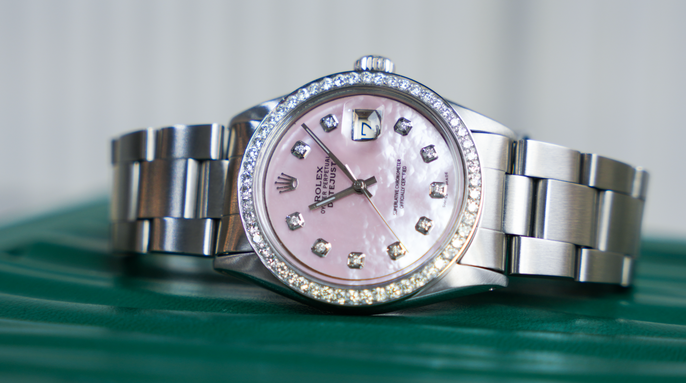 Rolex Oyster Perpetual Date 34mm – Stainless Steel with Diamond Bezel | Ref. 15000