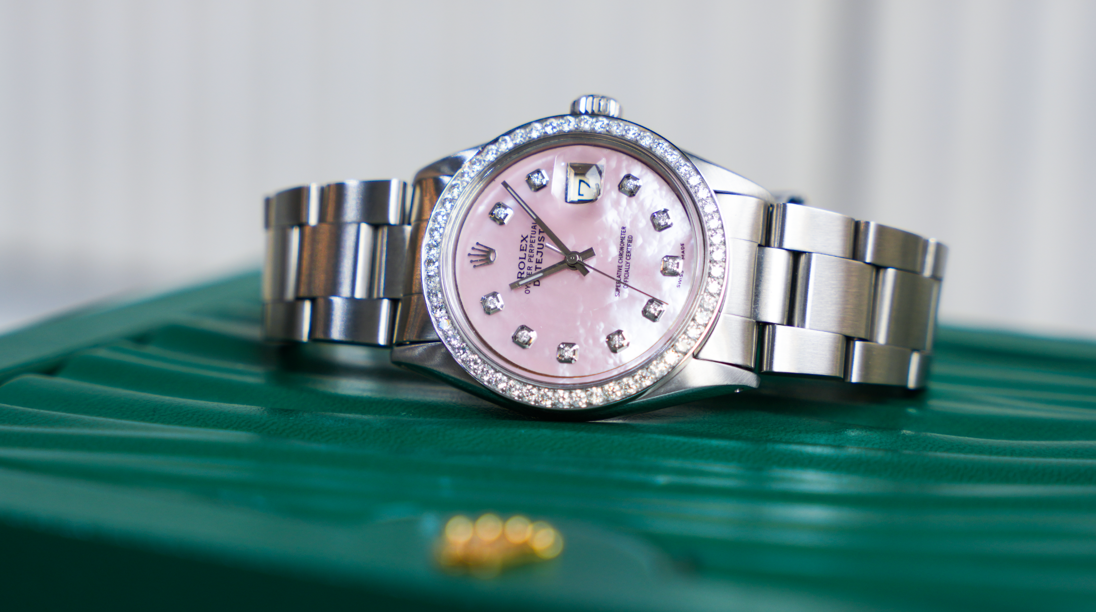 Rolex Oyster Perpetual Date 34mm – Stainless Steel with Diamond Bezel | Ref. 15000