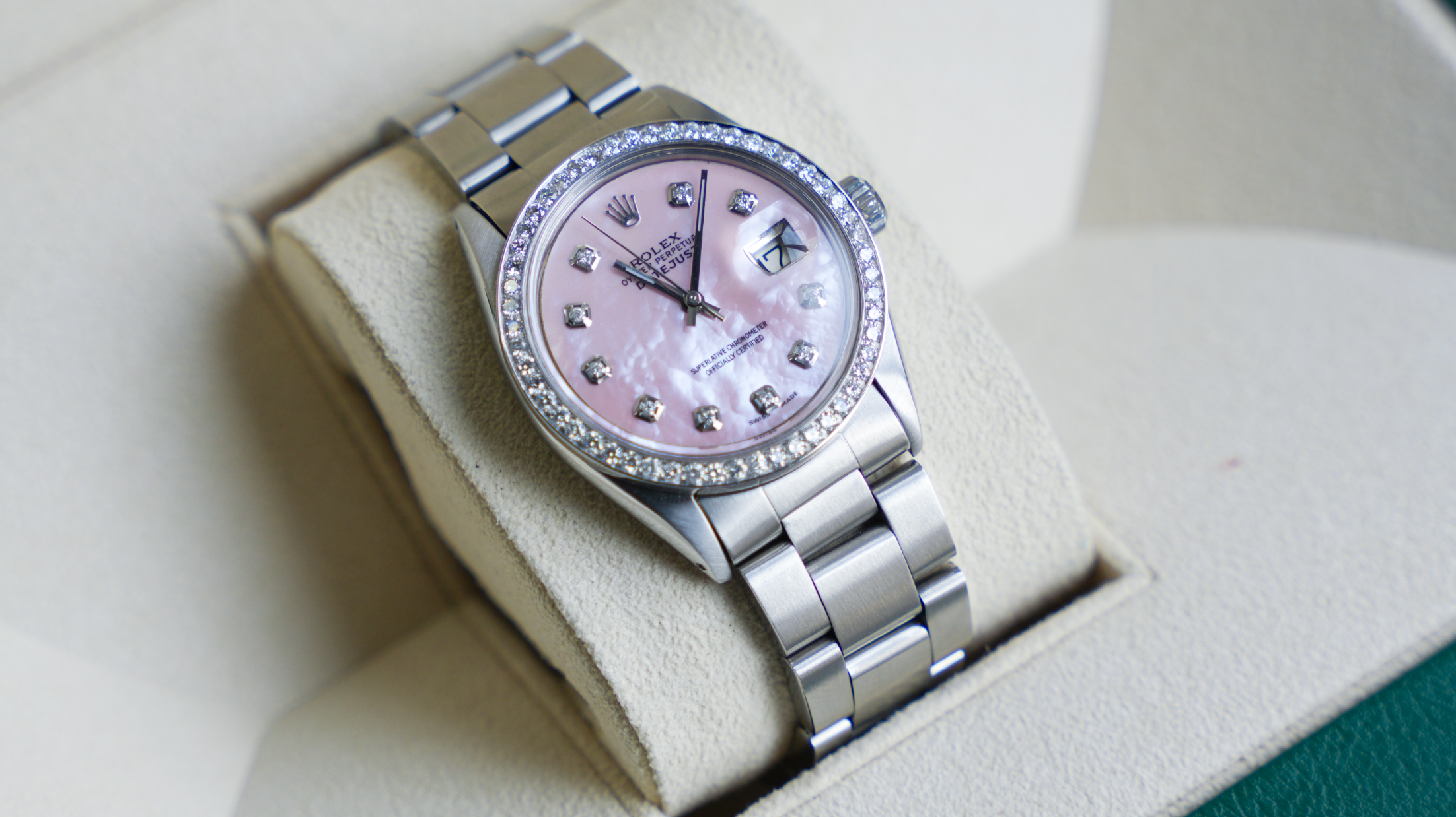 Rolex Oyster Perpetual Date 34mm – Stainless Steel with Diamond Bezel | Ref. 15000