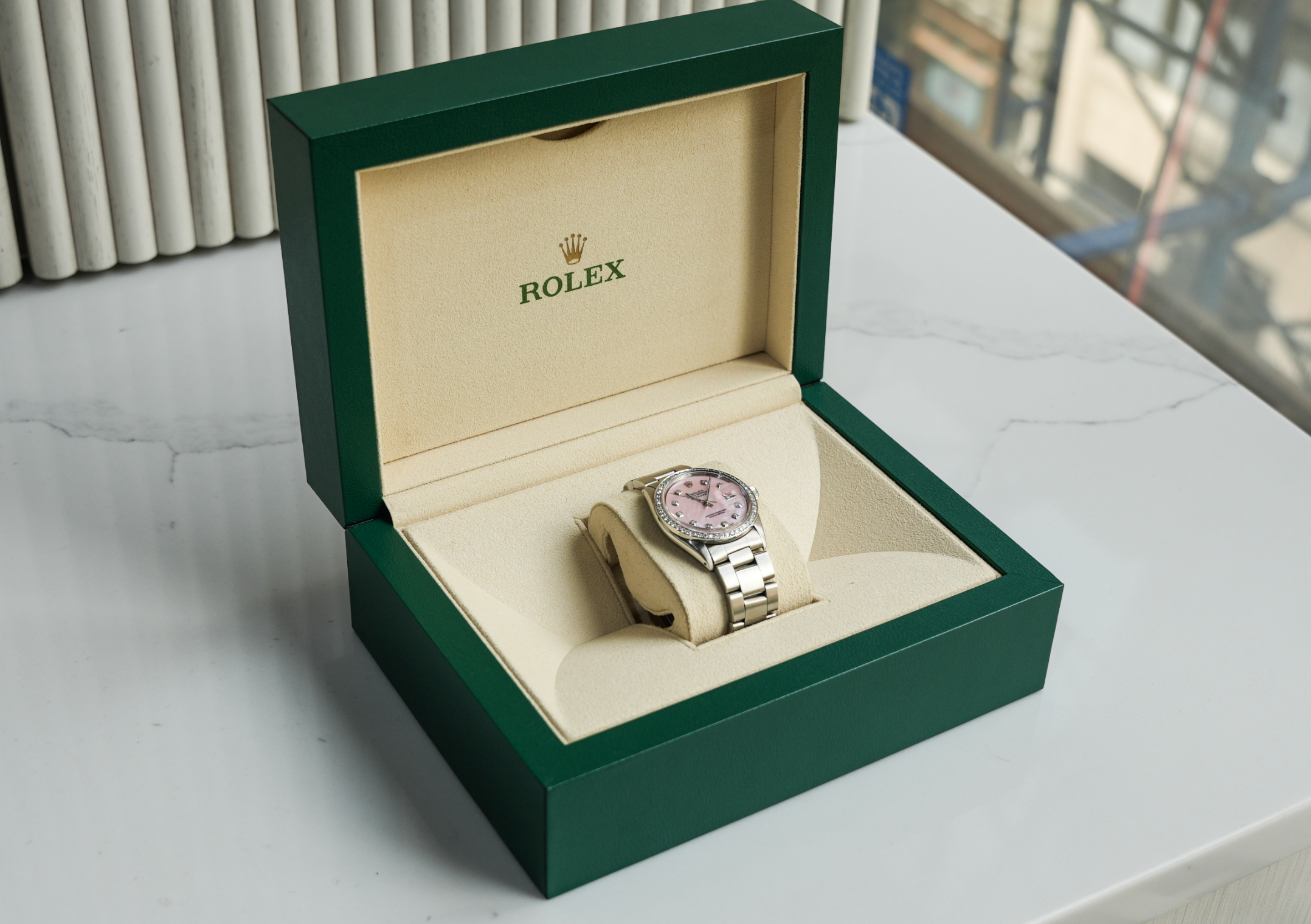 Rolex Oyster Perpetual Date 34mm – Stainless Steel with Diamond Bezel | Ref. 15000