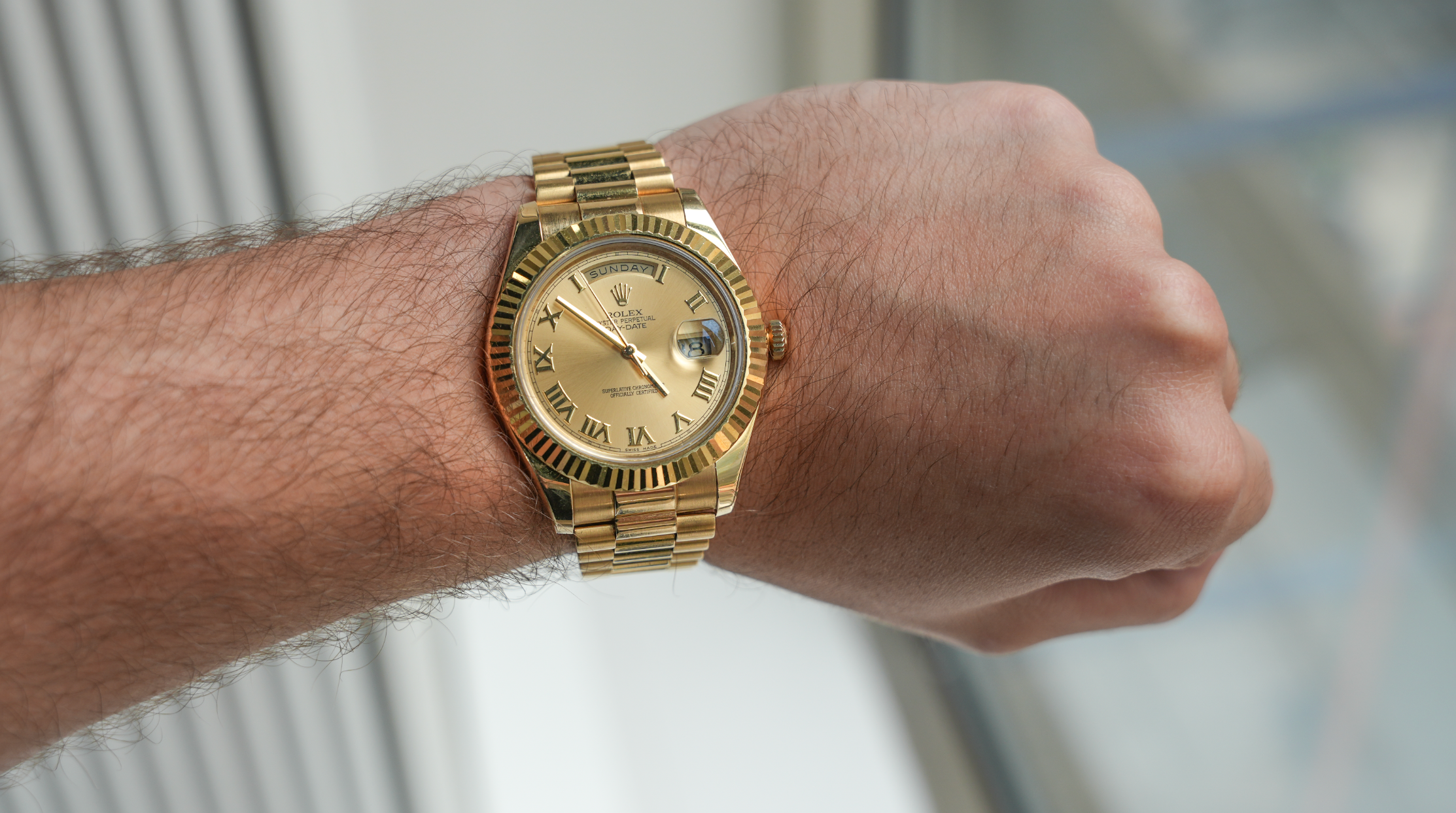 Rolex Day-Date II 218238 41mm Champagne Roman Dial 18k Yellow Gold President Watch