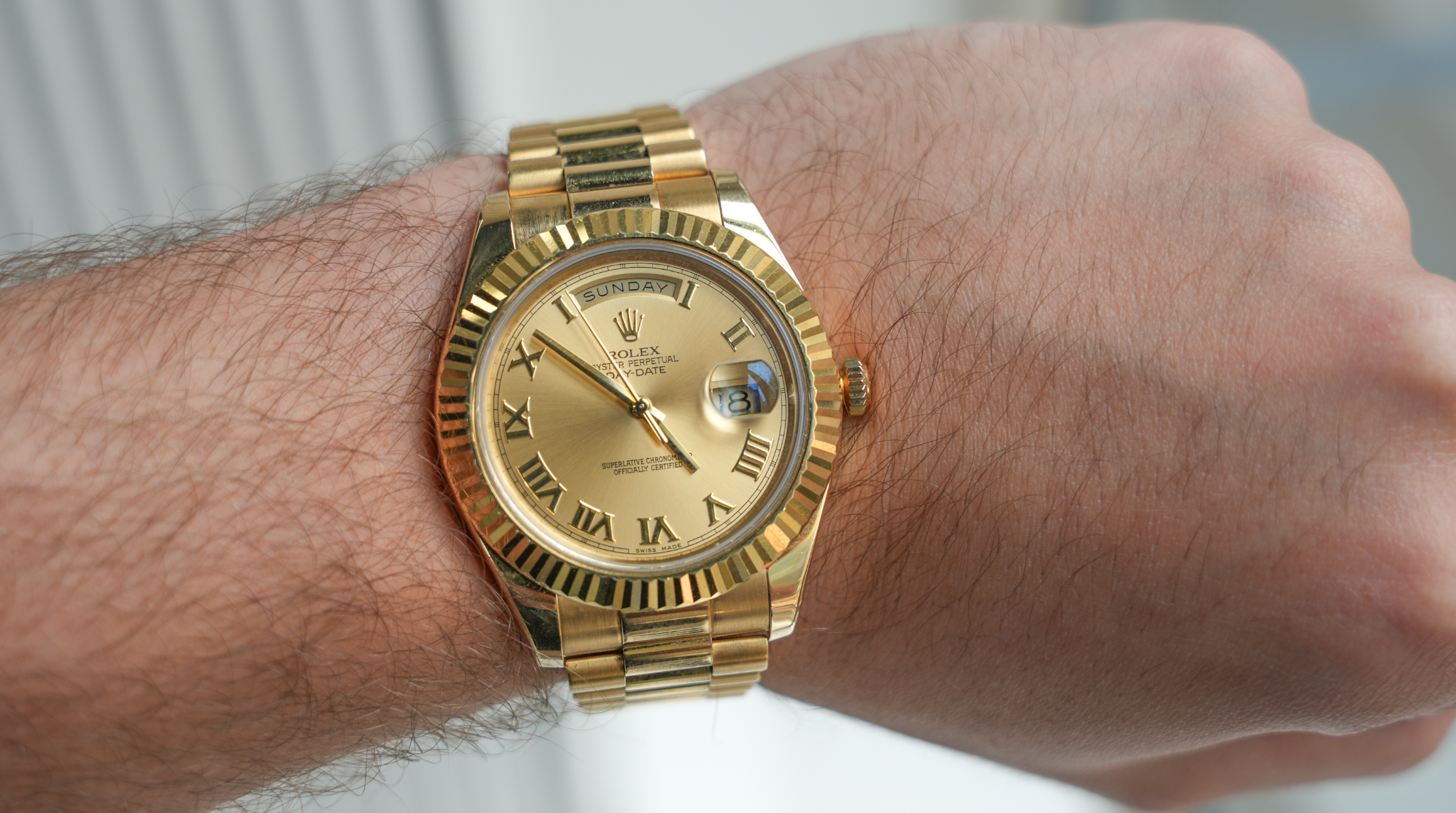 Rolex Day-Date II 218238 41mm Champagne Roman Dial 18k Yellow Gold President Watch