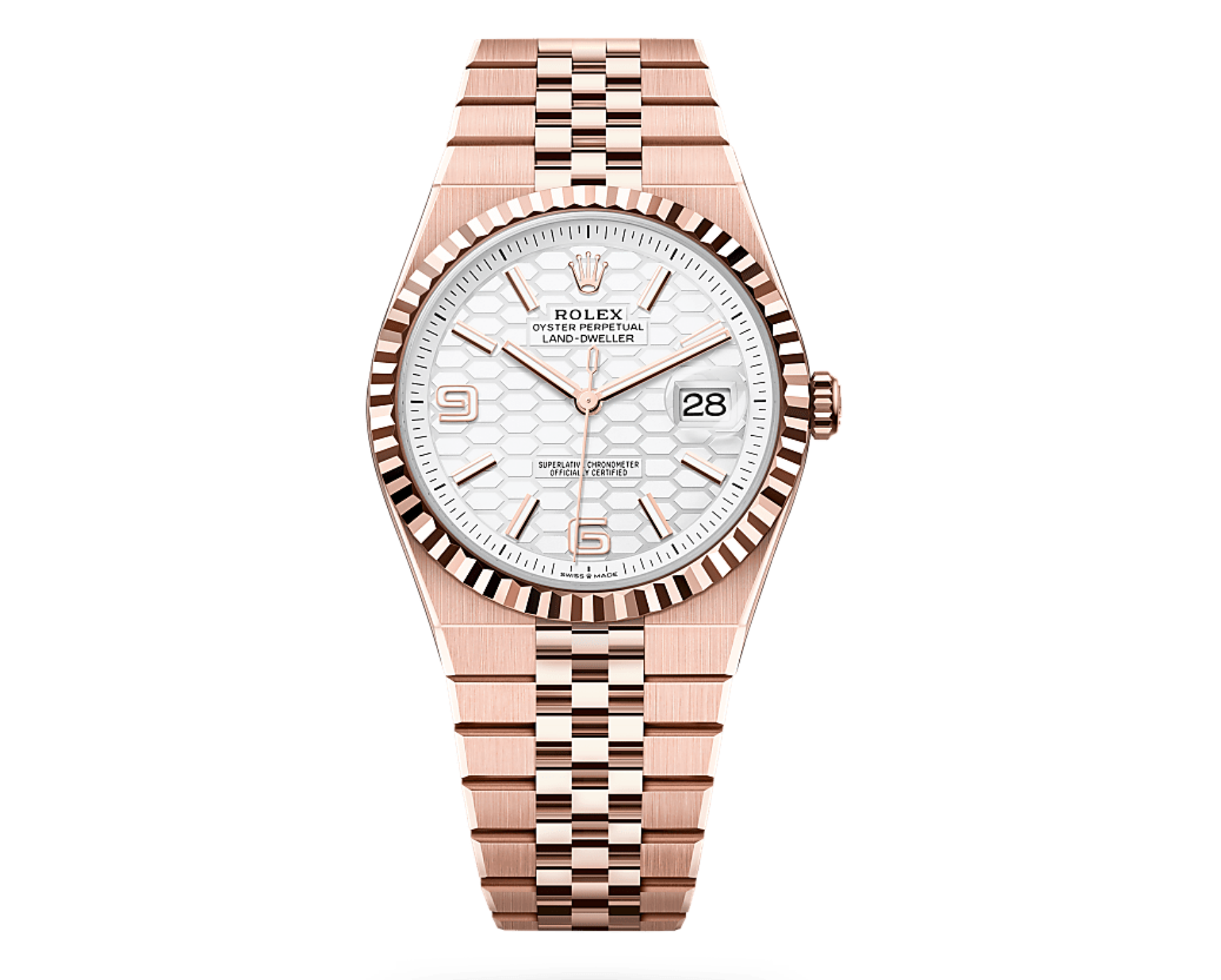 Rolex Land-Dweller 18K Everose Gold White Dial Automatic – Rose Gold Oyster Bracelet