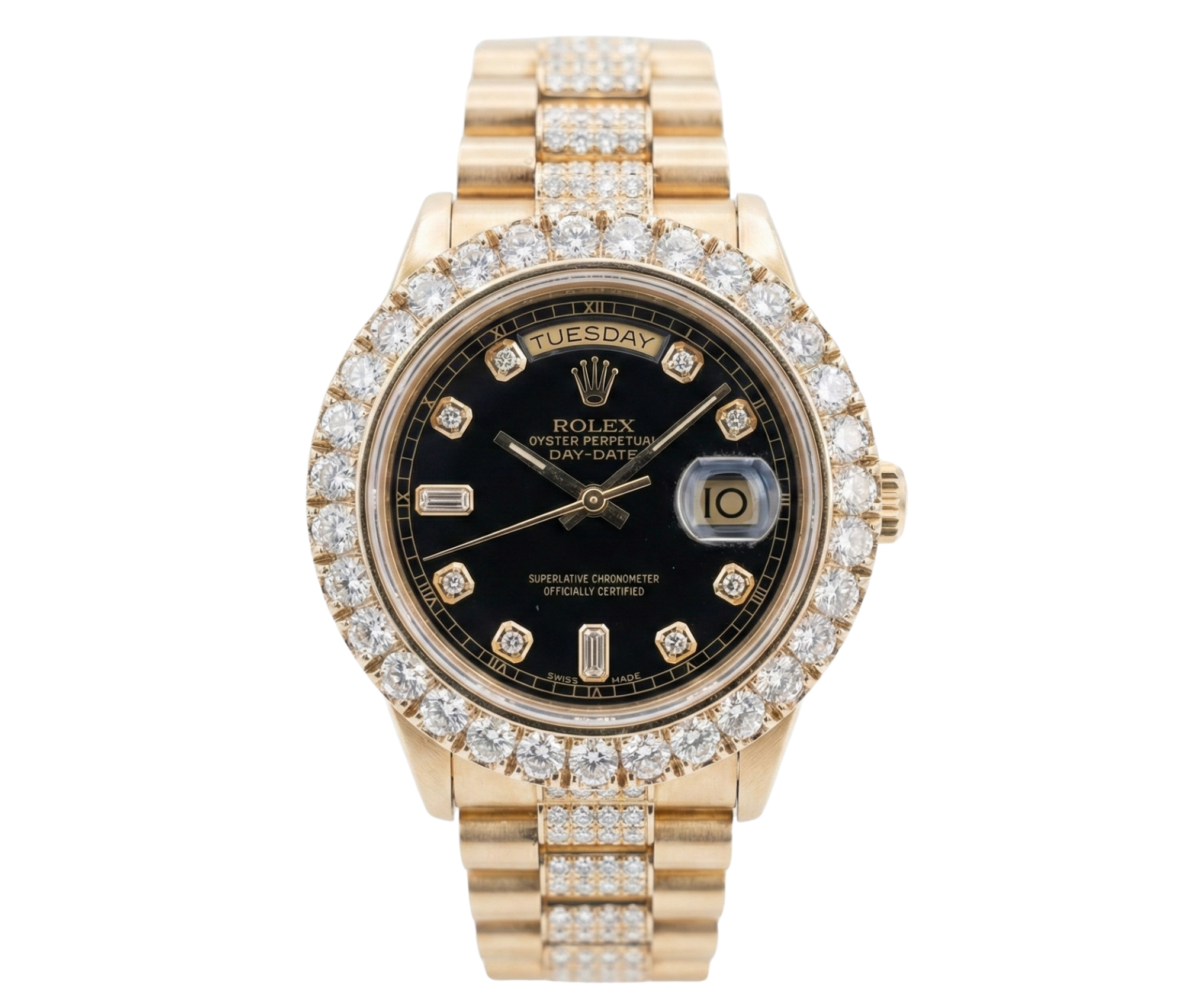 Rolex Day-Date 18038 Yellow Gold Black Dial with Aftermarket Diamonds