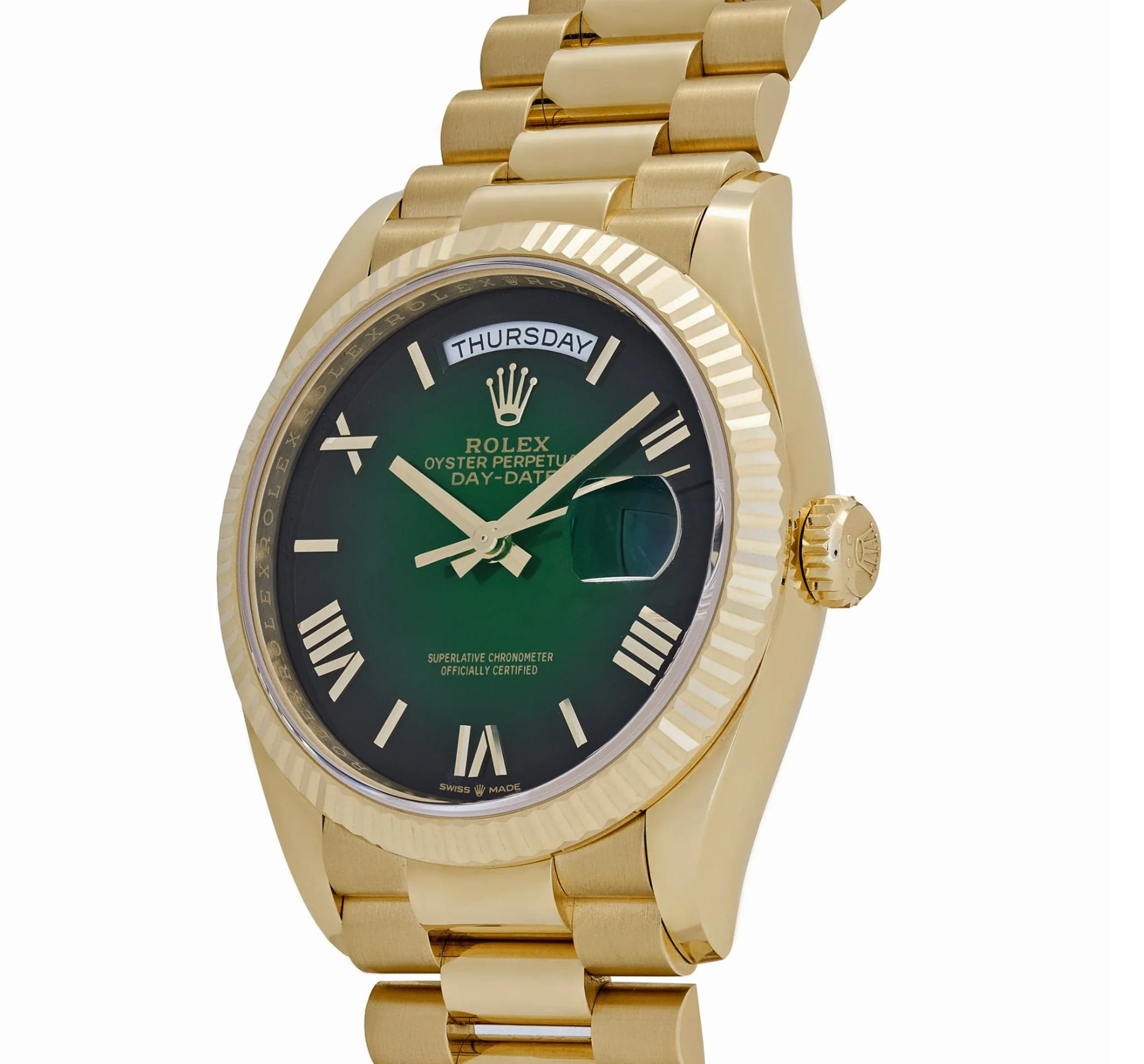 Rolex Day-Date 36mm Yellow Gold Green Ombre Roman Numeral Dial – Ref. 128238