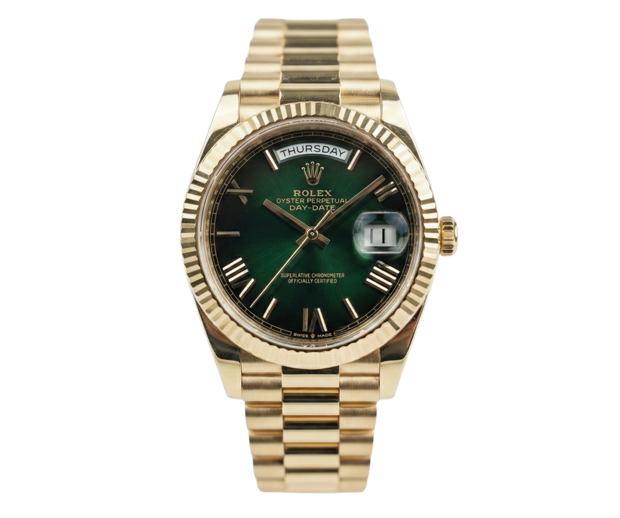 Rolex Day-Date 36mm Yellow Gold Green Ombre Roman Numeral Dial – Ref. 128238