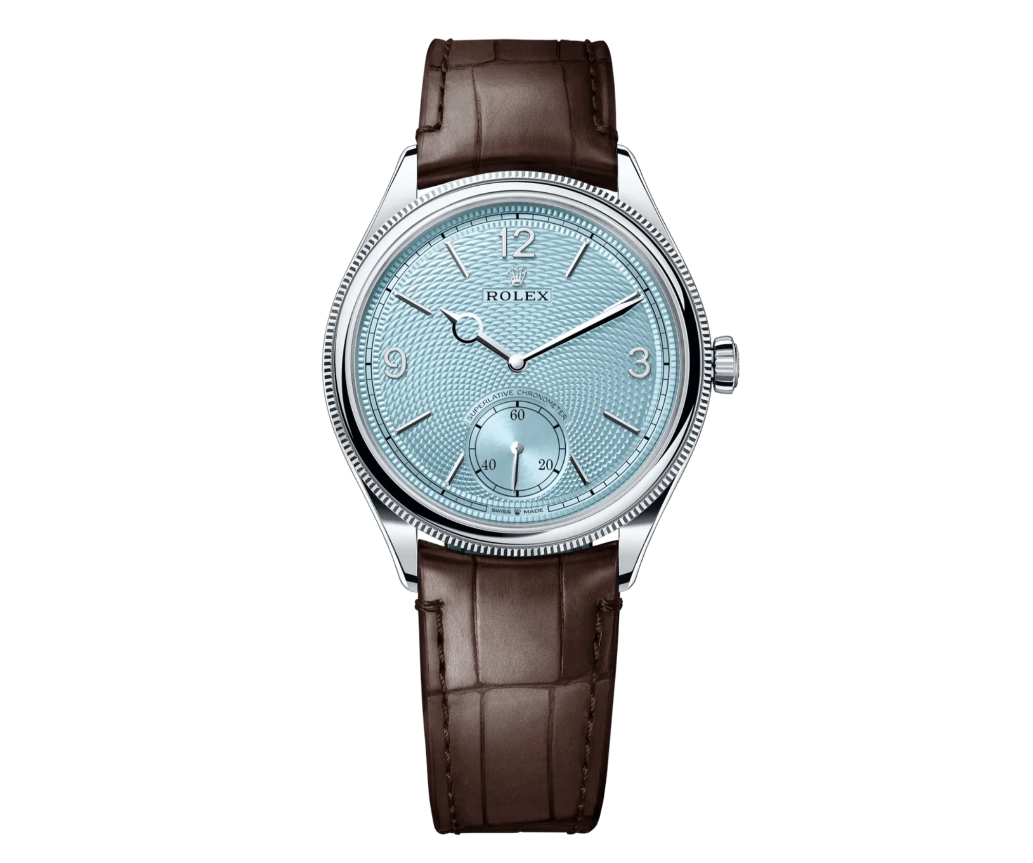 Rolex 1908 52506 Platinum 39mm Ice Blue Rice-Grain Dial Brown Alligator Strap
