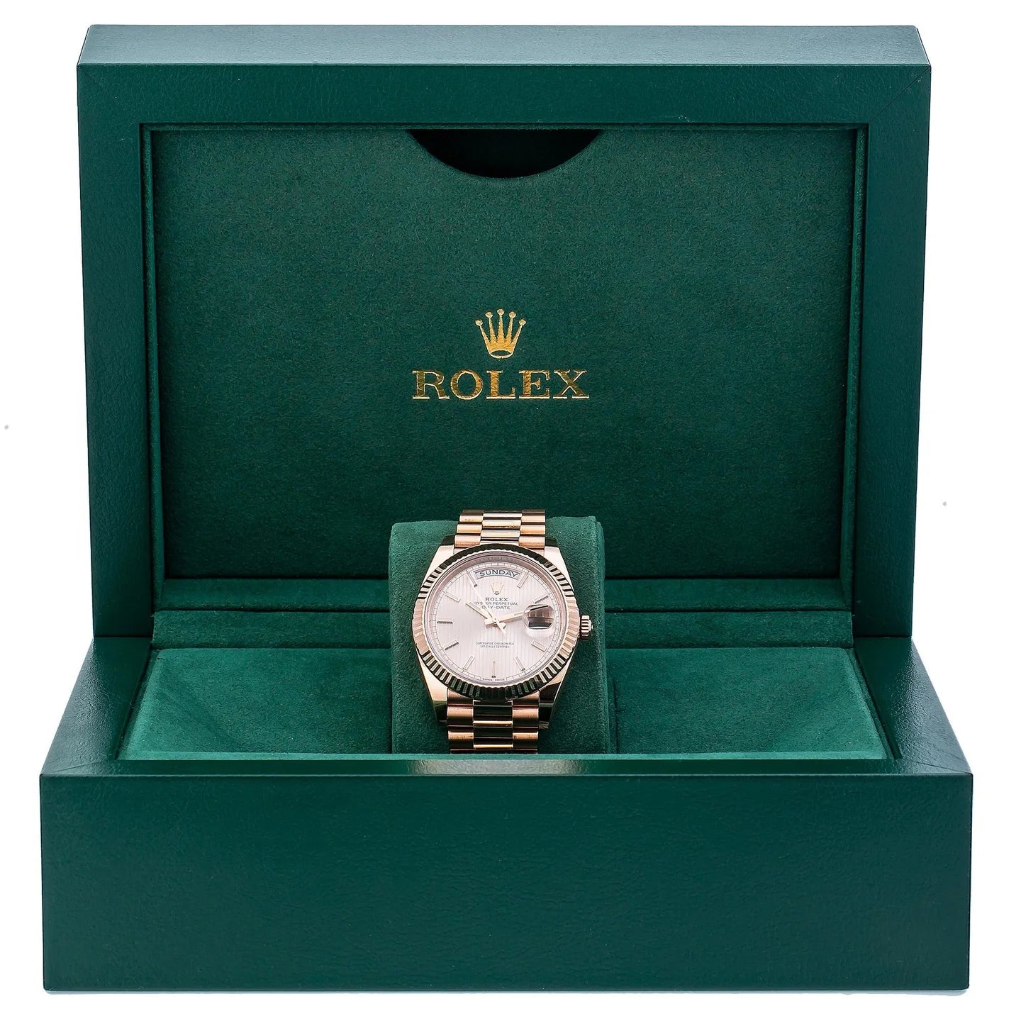 Rolex Day-Date 40MM 228235 Sundust Stripe Dial Fluted Bezel 18K Everose Gold President Bracelet