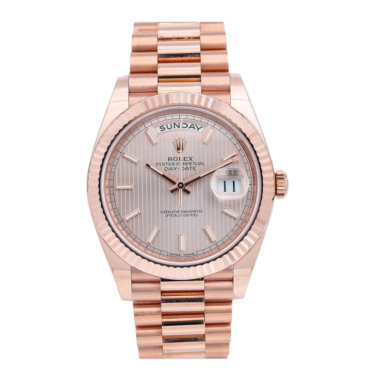 Rolex Day-Date 40MM 228235 Sundust Stripe Dial Fluted Bezel 18K Everose Gold President Bracelet
