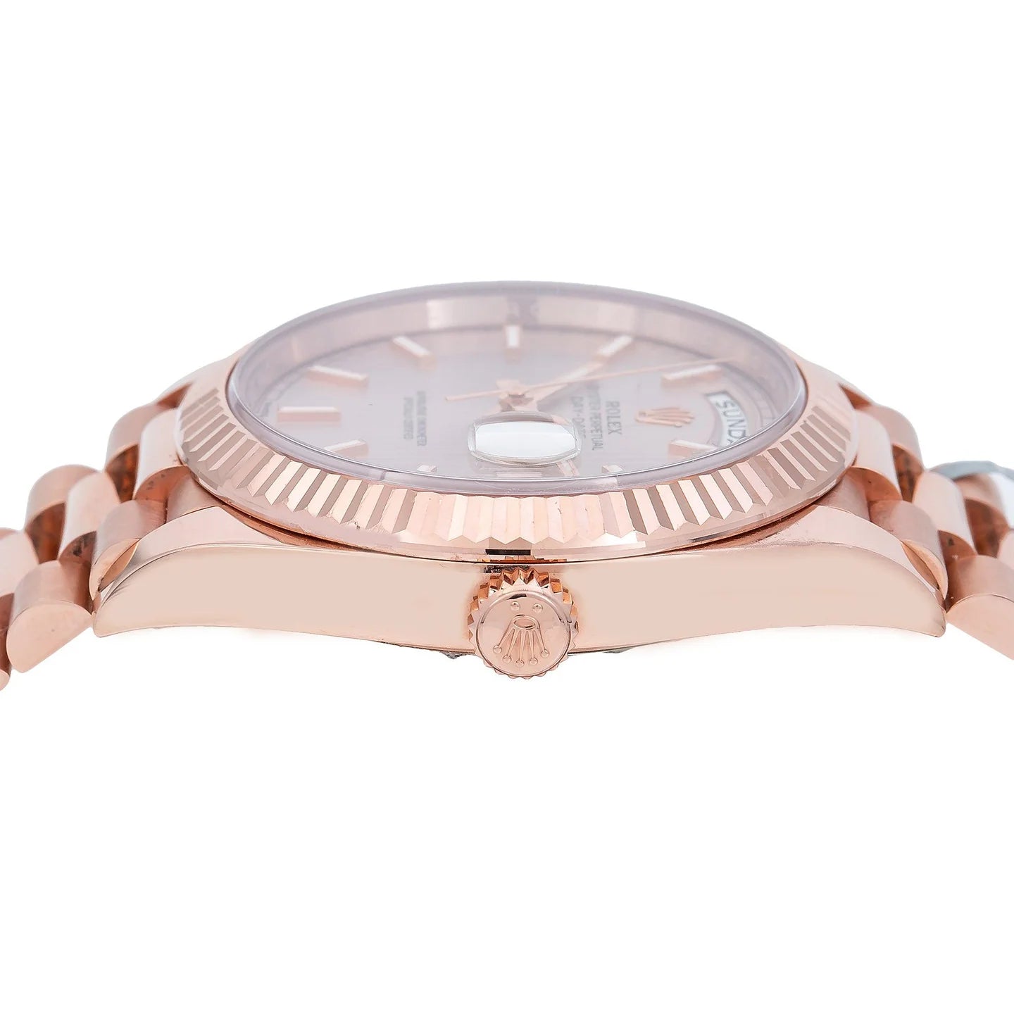 Rolex Day-Date 40MM 228235 Sundust Stripe Dial Fluted Bezel 18K Everose Gold President Bracelet