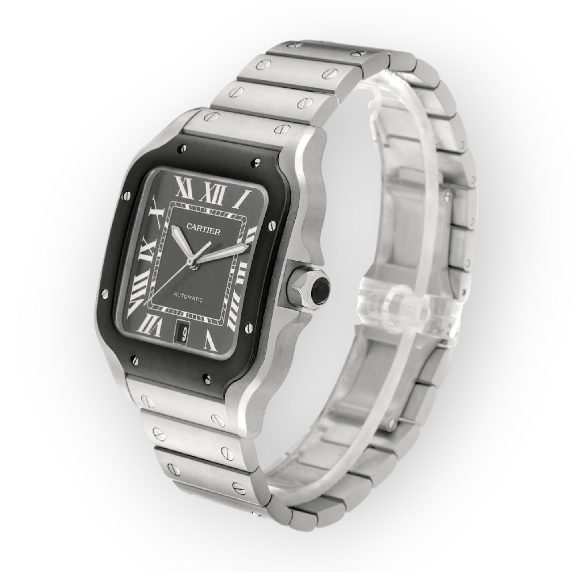 Cartier Santos Steel ADLC WSSA0037 Grey Dial Mens Watch