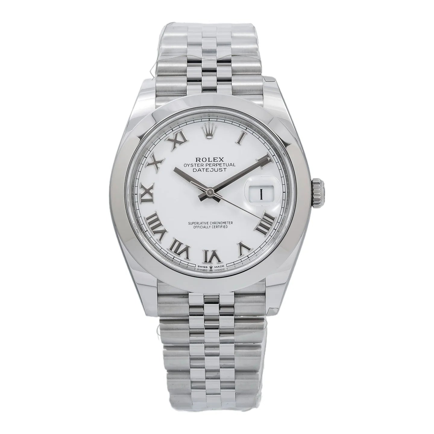Rolex Datejust 41mm 126300 White Roman Dial Smooth Bezel Jubilee Bracelet