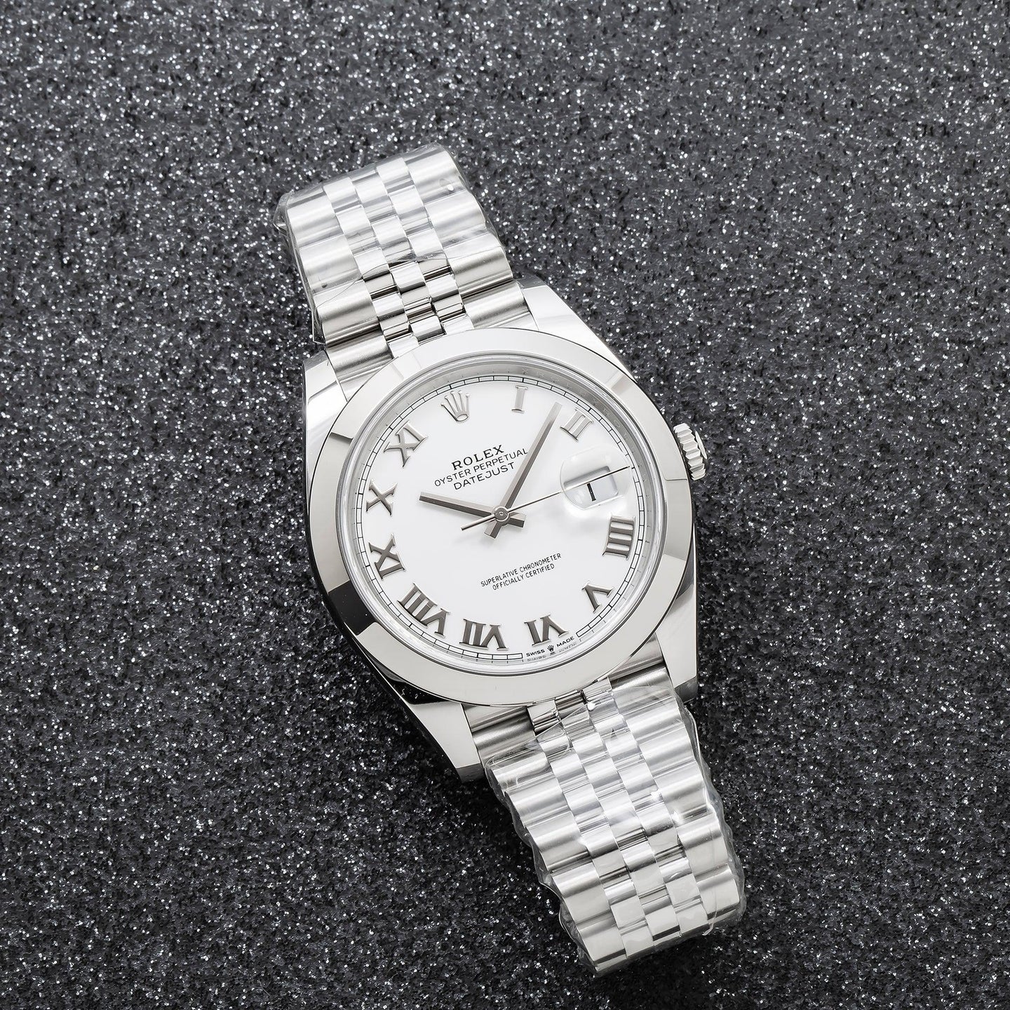 Rolex Datejust 41mm 126300 White Roman Dial Smooth Bezel Jubilee Bracelet