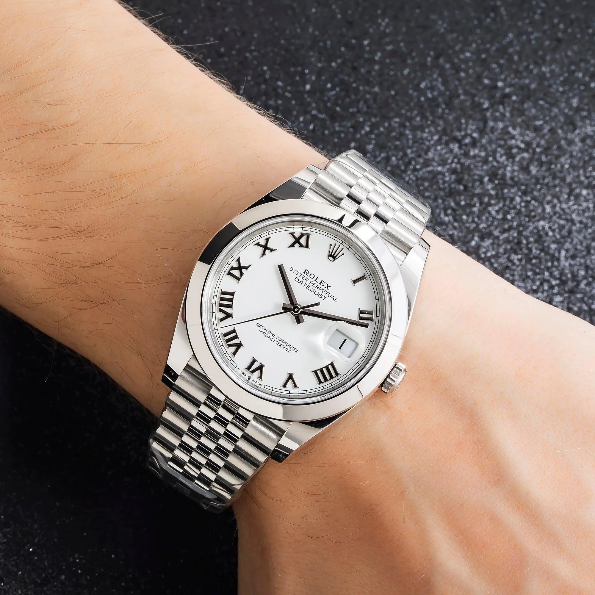 Rolex Datejust 41mm 126300 White Roman Dial Smooth Bezel Jubilee Bracelet