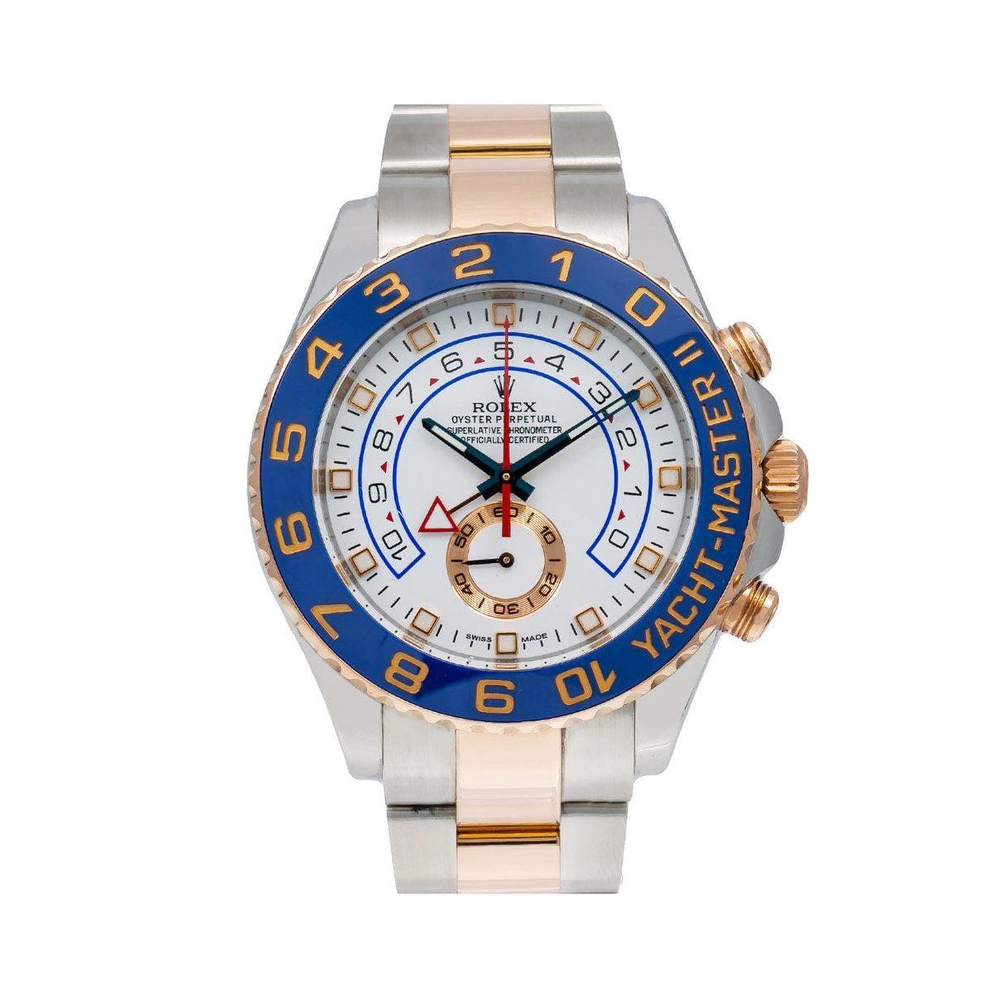 Rolex Yacht-Master II 44mm 116681 – White Dial, Blue Ceramic Bezel, Two-Tone Everose Rolesor Oyster Bracelet (non-Mercedes hands)
