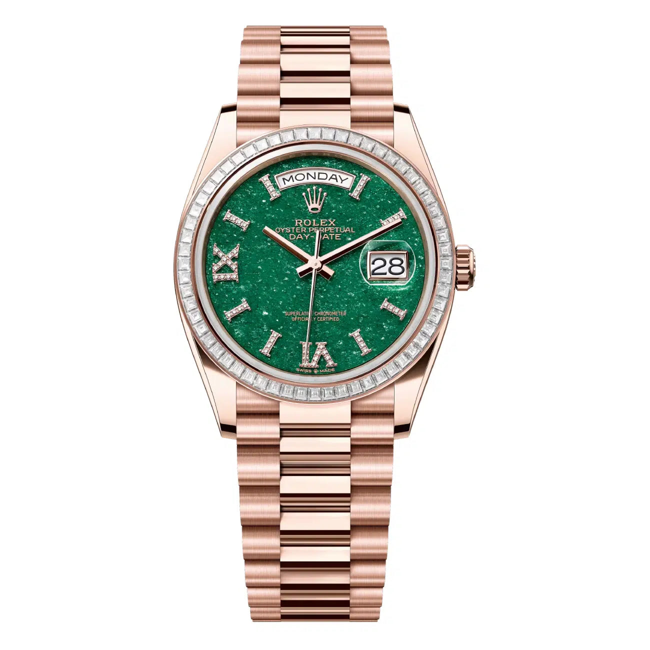 Rolex Day-Date 36 128395TBR Green Aventurine Dial Everose Gold Baguette Diamond Bezel President