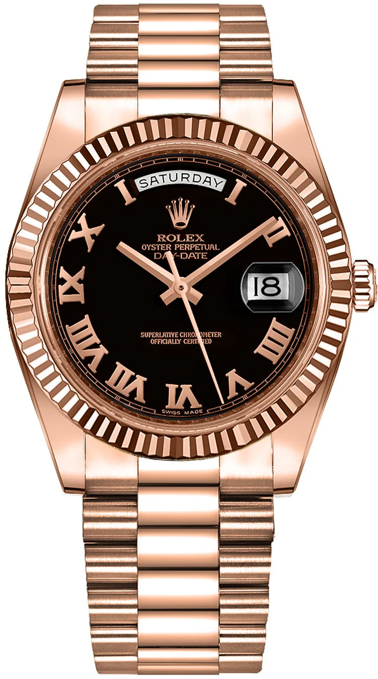 Rolex Day-Date II 218235 – 41mm 18K Rose Gold Black Roman Dial President Bracelet