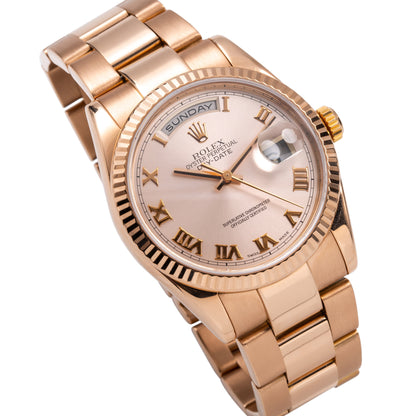 18K Rose Gold Rolex Day-Date 118235 36mm Pink Champagne with Roman Numerals Dial