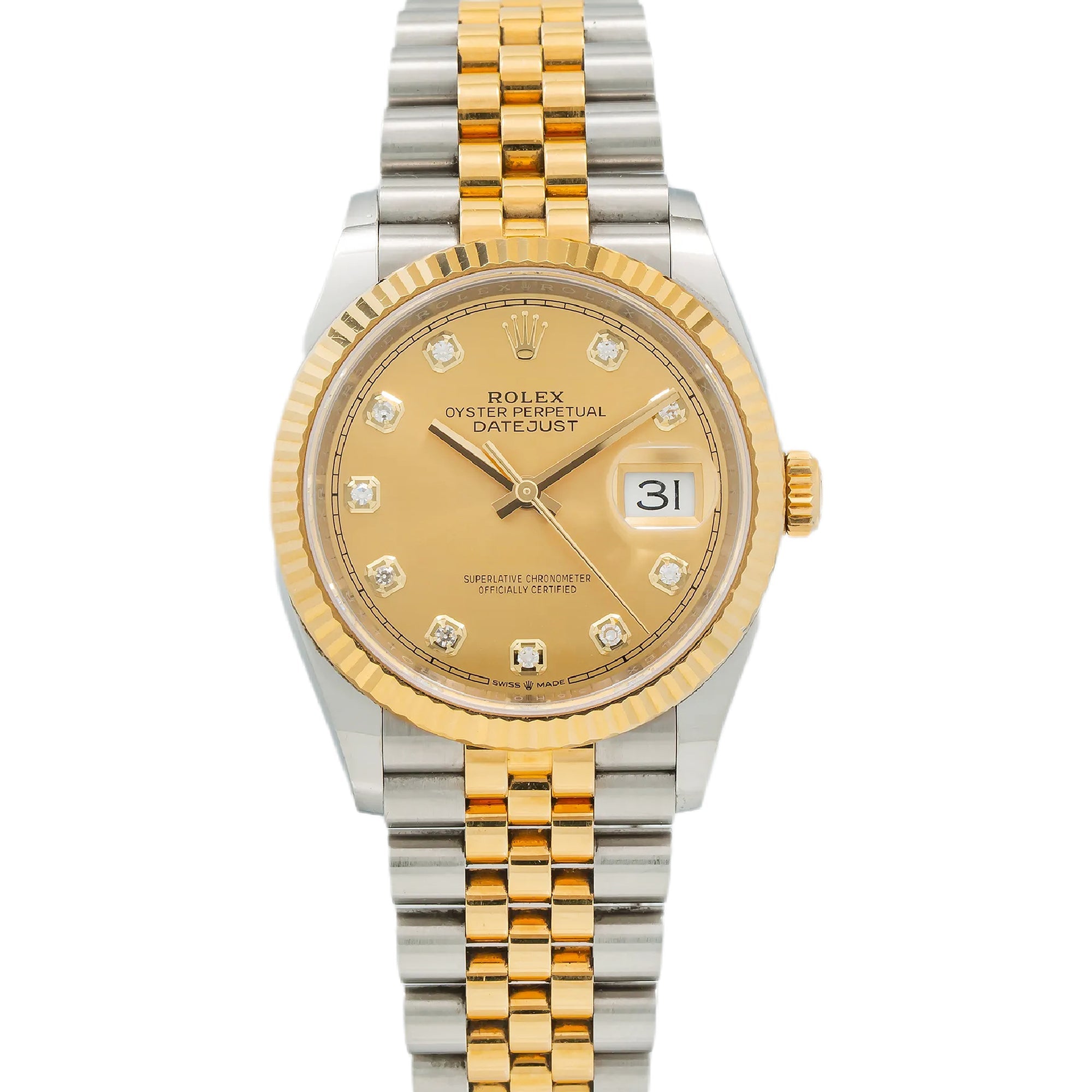 Rolex Steel and Yellow Gold Rolesor Datejust 36 Watch 126233 Champagne Diamond Dial - Jubilee Bracelet