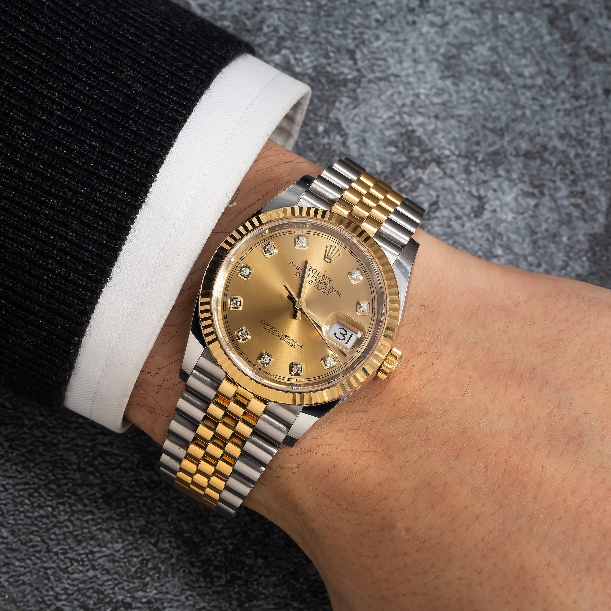 Rolex Steel and Yellow Gold Rolesor Datejust 36 Watch 126233 Champagne Diamond Dial - Jubilee Bracelet