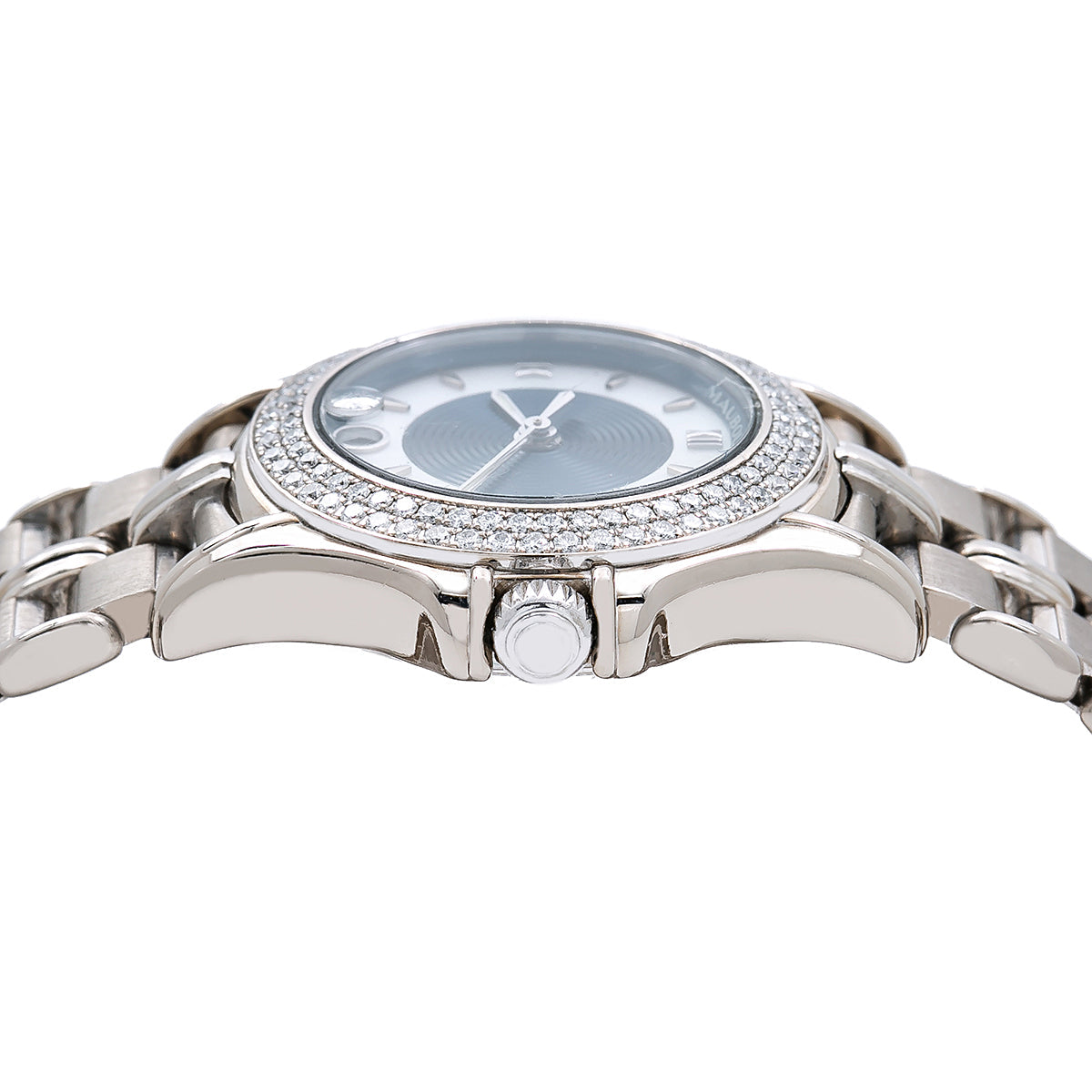 18K White Gold Mauboussin Lady's Round NO140 26mm white and Blue Dial with Diamond Bezel