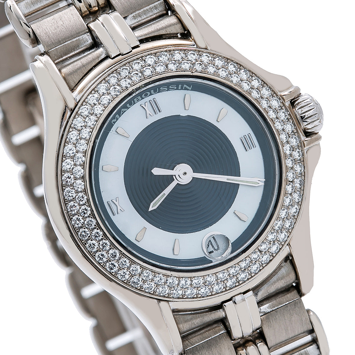 18K White Gold Mauboussin Lady's Round NO140 26mm white and Blue Dial with Diamond Bezel