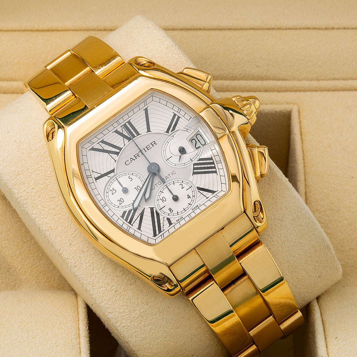 Cartier Roadster W62021Y2 47MM Chronograph White Dial With 18k Yellow Gold Bracelet