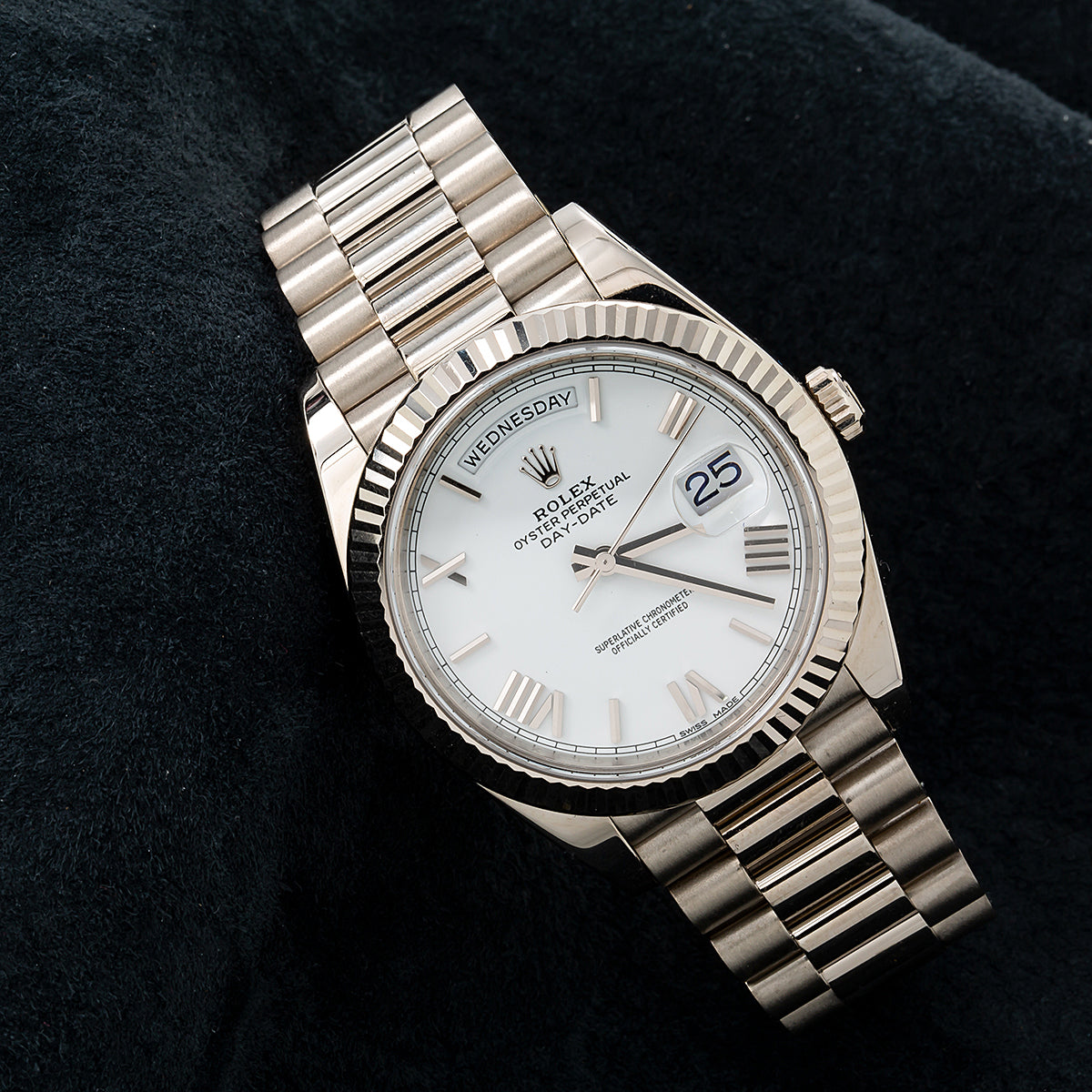 Rolex White Gold Day-Date 40 Watch White Roman Dial - President Bracelet