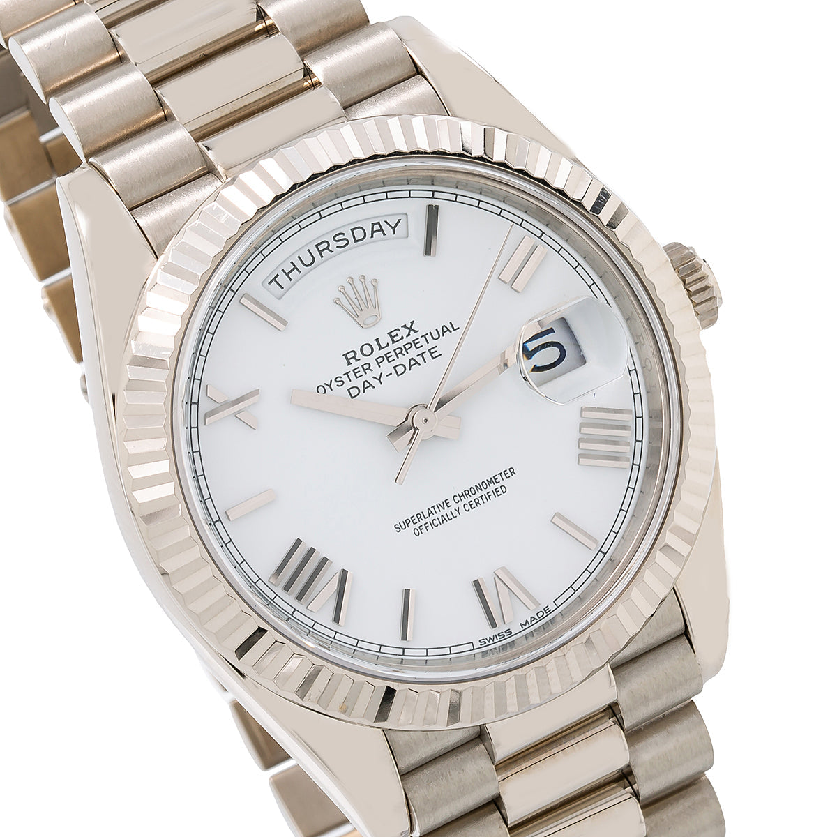 Rolex White Gold Day-Date 40 Watch White Roman Dial - President Bracelet