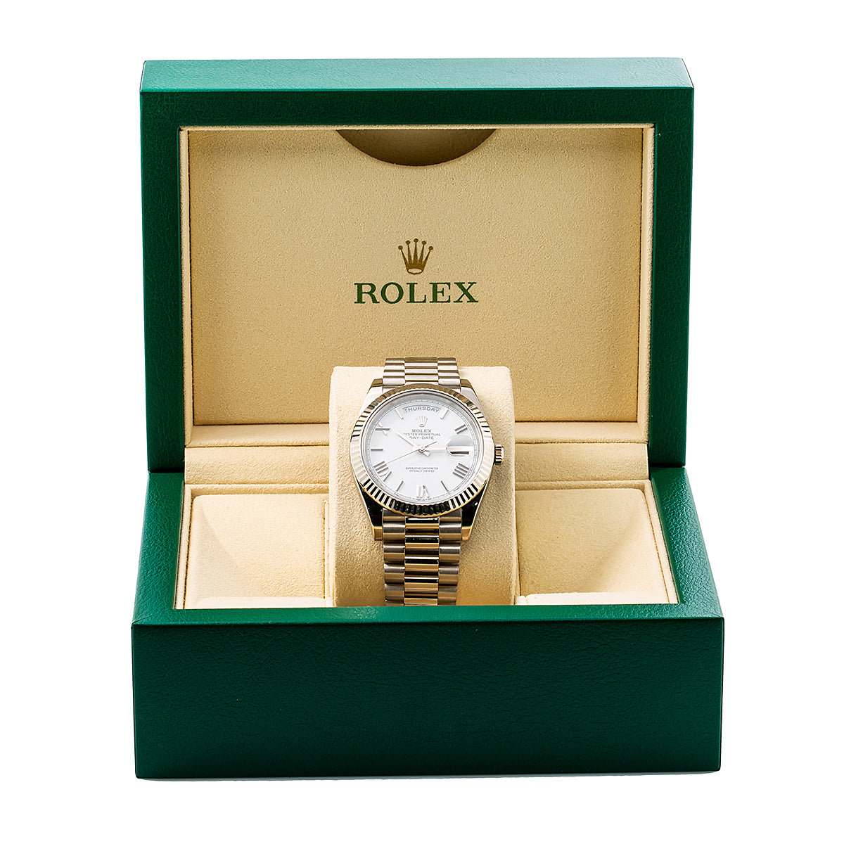 Rolex White Gold Day-Date 40 Watch White Roman Dial - President Bracelet