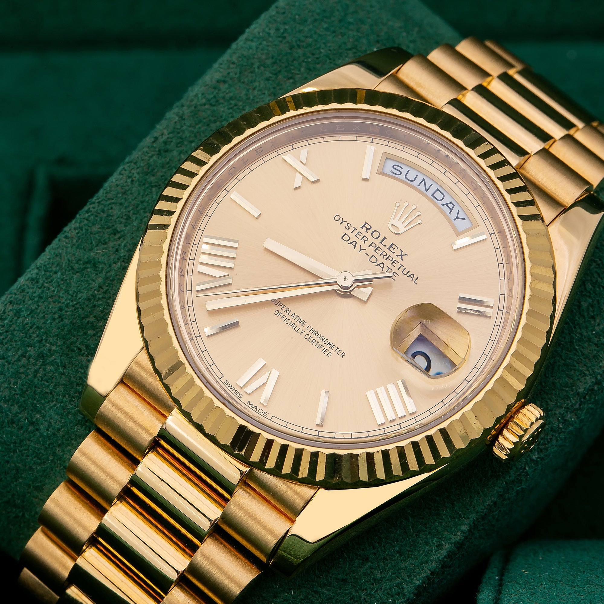 Rolex Yellow Gold Day-Date 40 Watch Champagne Roman Dial - President Bracelet