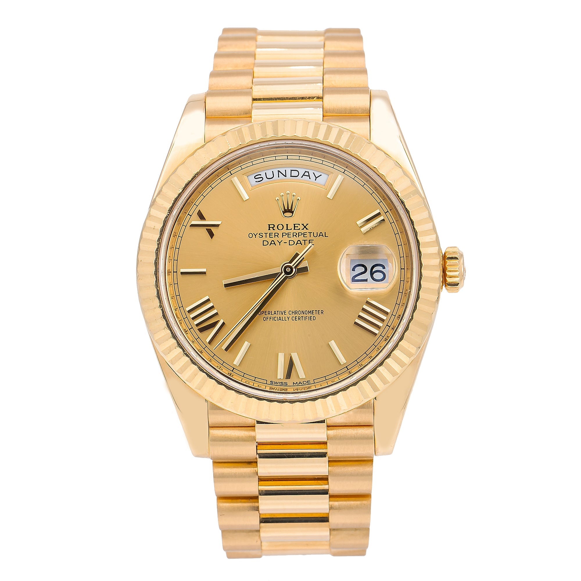 Rolex Yellow Gold Day-Date 40 Watch Champagne Roman Dial - President Bracelet