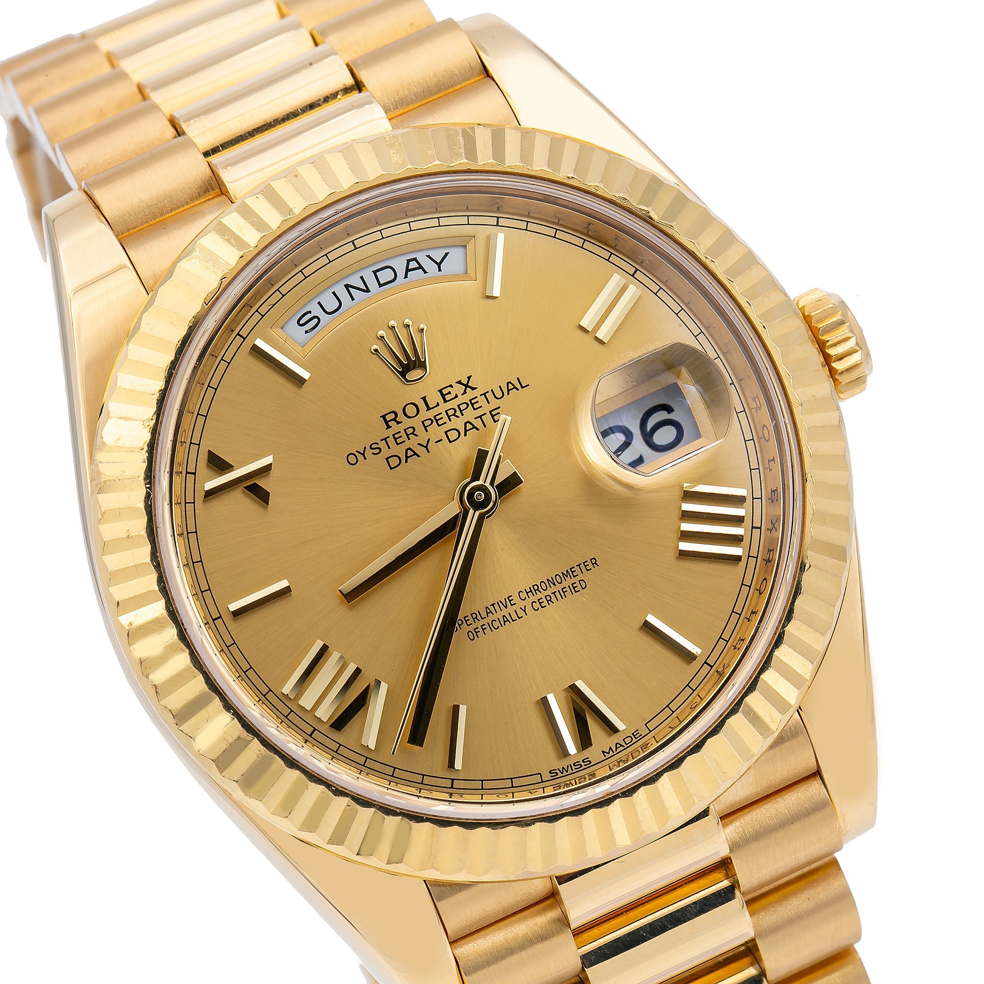 Rolex Yellow Gold Day-Date 40 Watch Champagne Roman Dial - President Bracelet