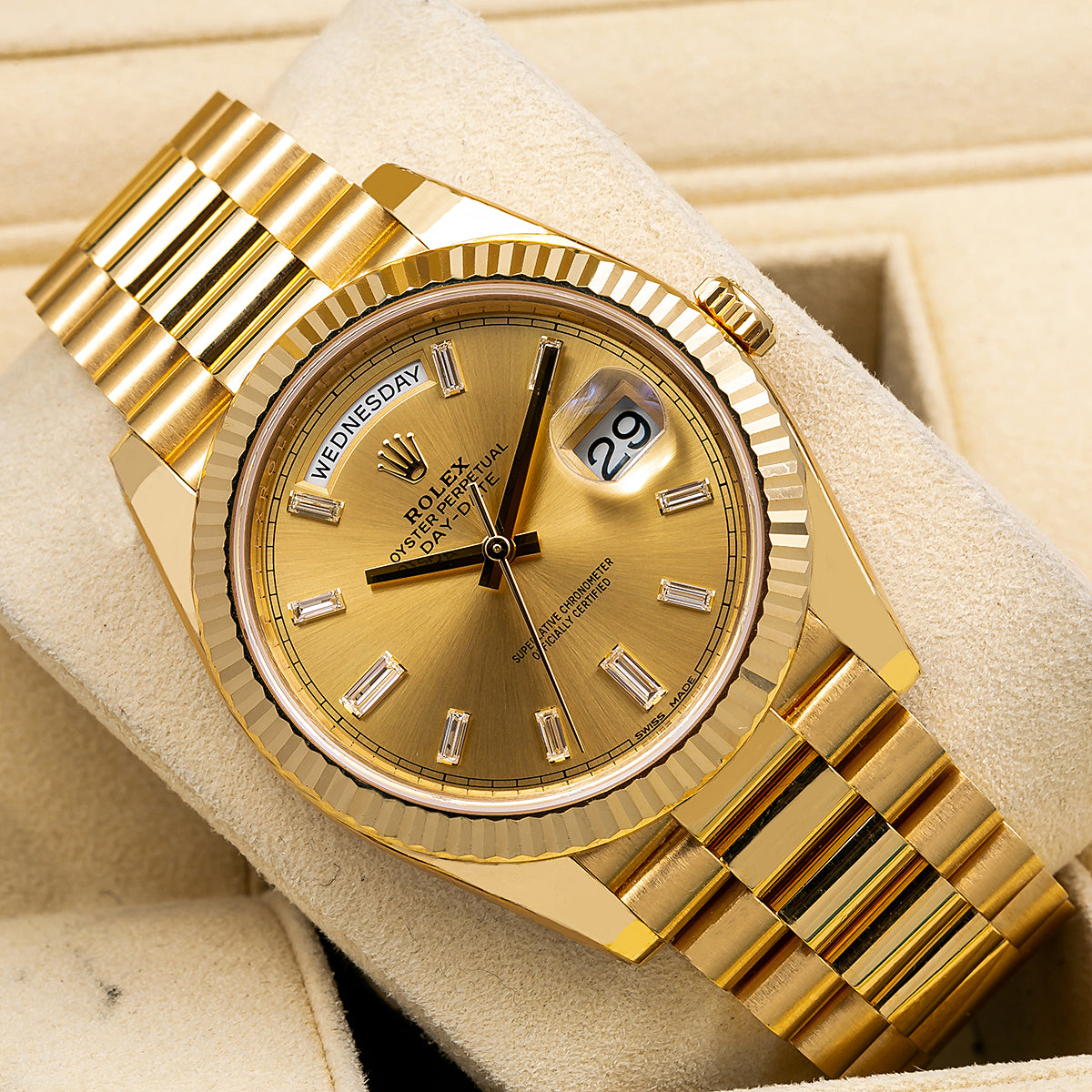 Rolex Yellow Gold Day-Date 40 Watch Champagne Baguette Diamond Dial - President Bracelet