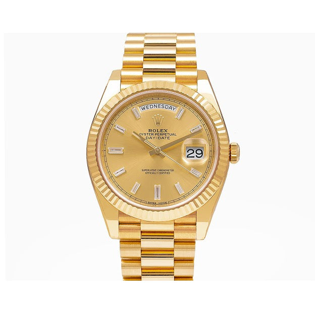 Rolex Yellow Gold Day-Date 40 Watch Champagne Baguette Diamond Dial - President Bracelet