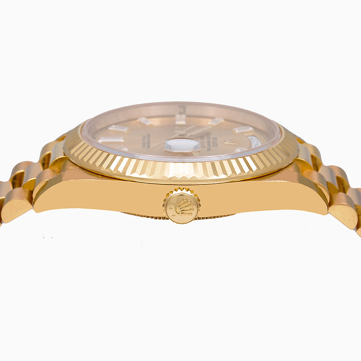 Rolex Yellow Gold Day-Date 40 Watch Champagne Baguette Diamond Dial - President Bracelet