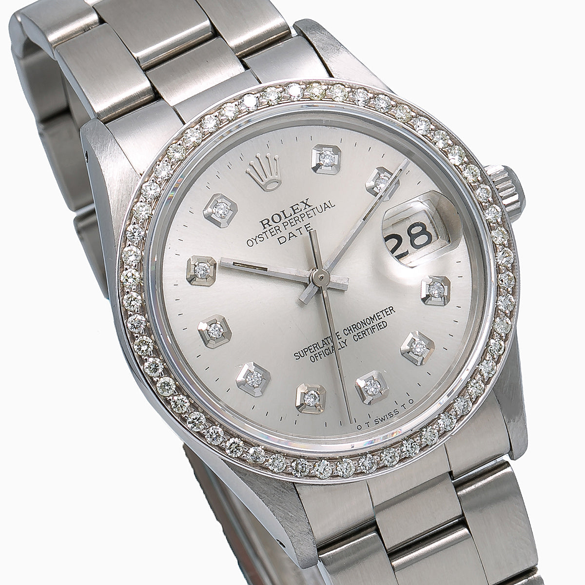 Rolex Oyster Perpetual Diamond Watch, Date 1500 34mm, Mother of Pearl Dial with 1.20 ct Diamonds