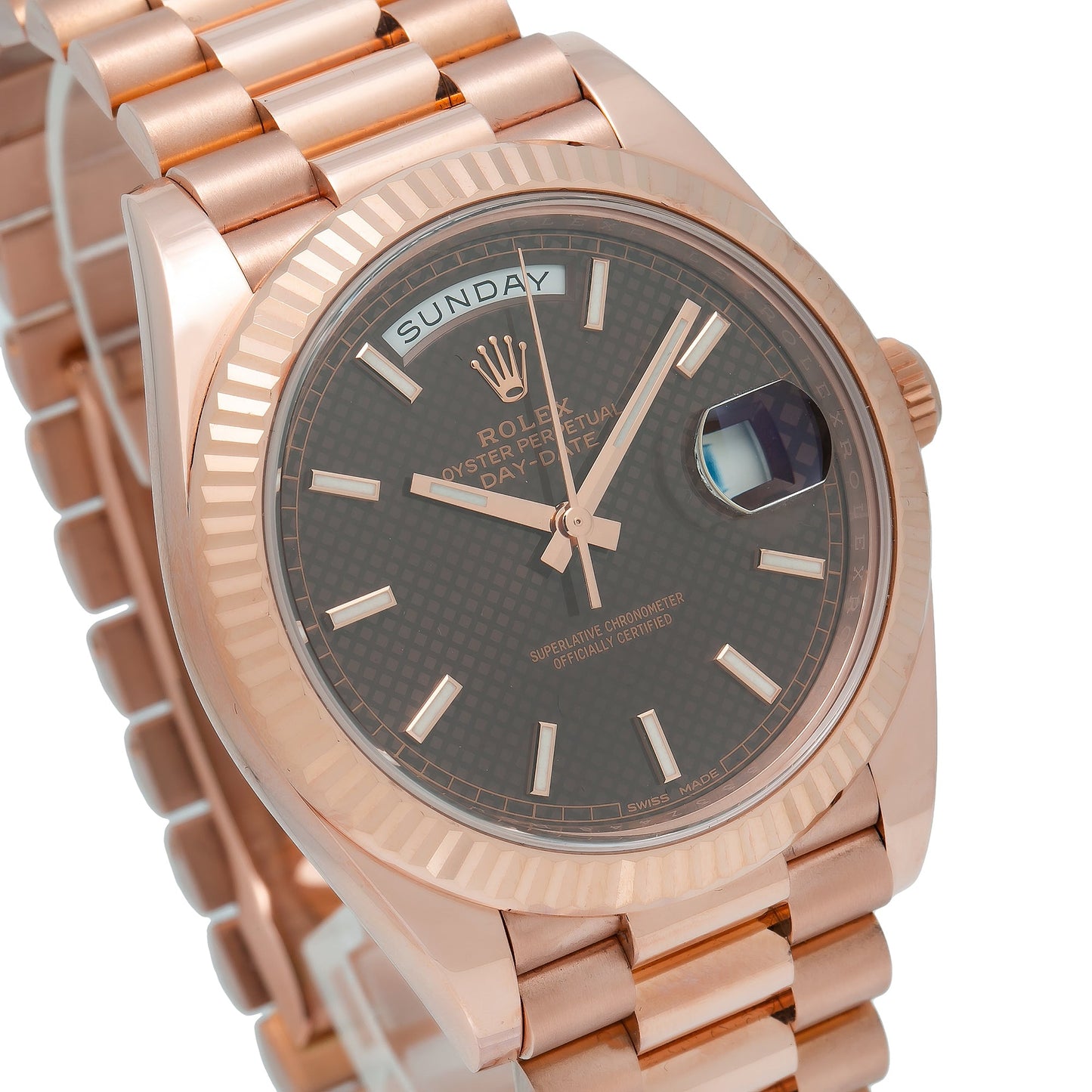 ROLEX DAY-DATE 228235 40MM CHOCOLATE MOTIF DIAL WITH ROSE GOLD PRESIDENT BRACELET