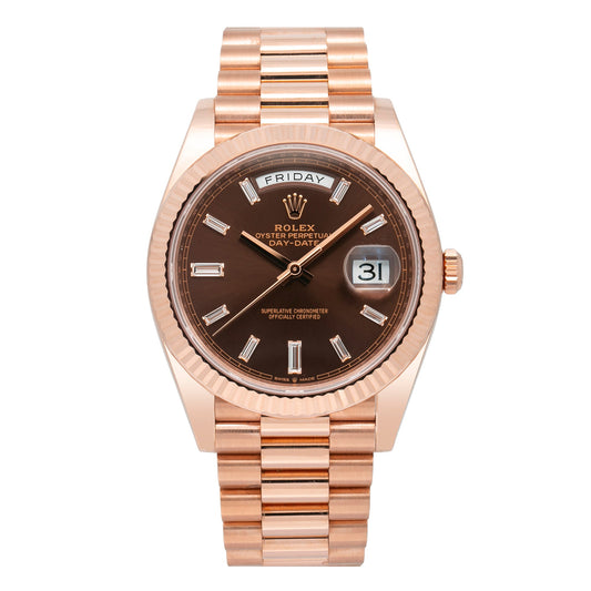 ROLEX DAY-DATE 228235 40MM CHOCOLATE DIAMOND DIAL WITH ROSE GOLD PRESIDENT BRACELET