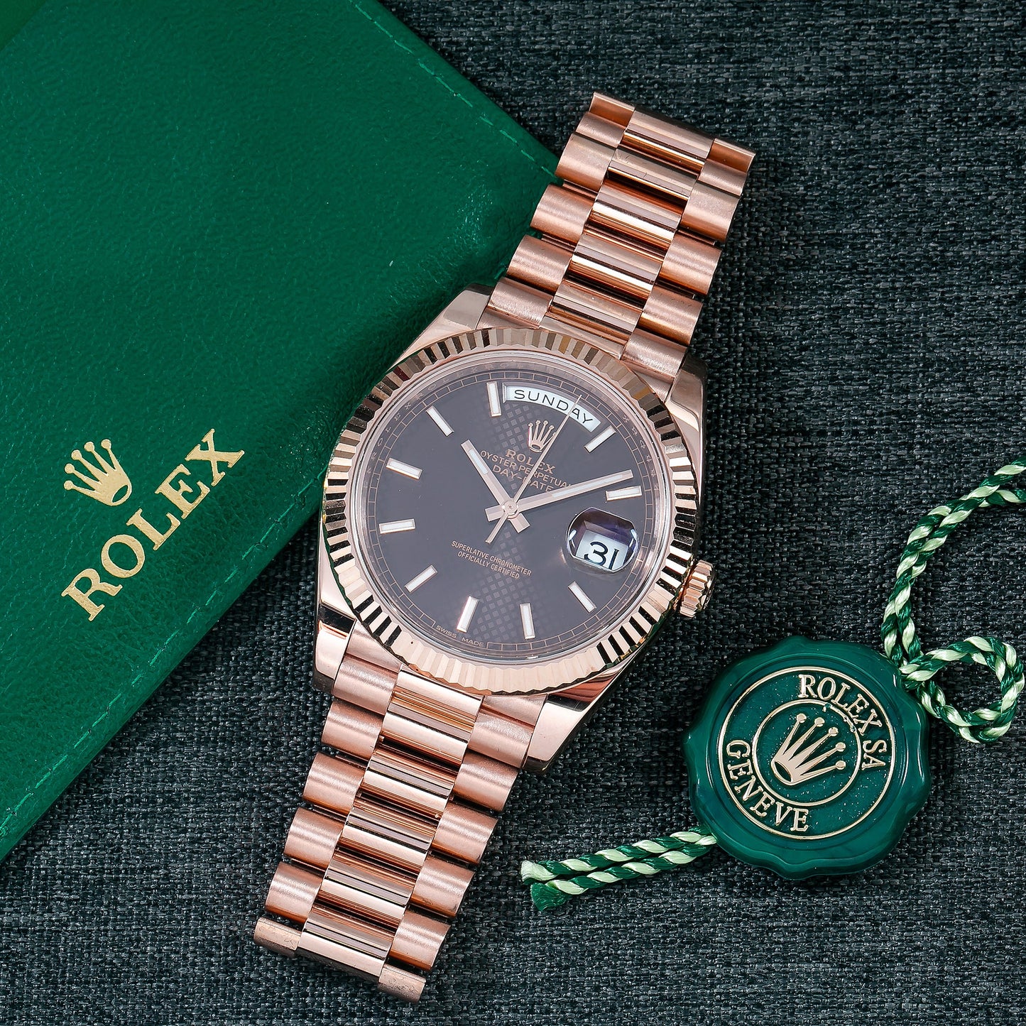 ROLEX DAY-DATE 228235 40MM CHOCOLATE MOTIF DIAL WITH ROSE GOLD PRESIDENT BRACELET