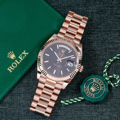 ROLEX DAY-DATE 228235 40MM CHOCOLATE MOTIF DIAL WITH ROSE GOLD PRESIDENT BRACELET