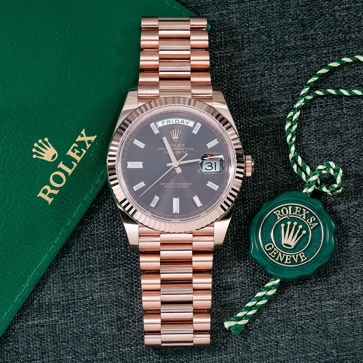 ROLEX DAY-DATE 228235 40MM CHOCOLATE DIAMOND DIAL WITH ROSE GOLD PRESIDENT BRACELET