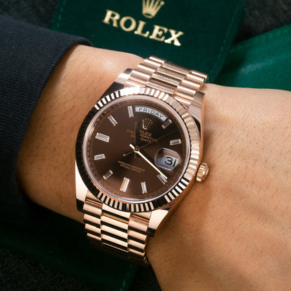 ROLEX DAY-DATE 228235 40MM CHOCOLATE DIAMOND DIAL WITH ROSE GOLD PRESIDENT BRACELET