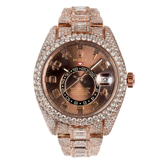 18K Rose Gold Rolex Diamond Watch, Sky-Dweller 326935 42mm, Brown Dial 28.75CT Diamonds